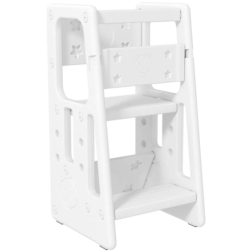 Toddler Kitchen Helper 2 Step Stool with Adjustable Height Platform and Safety Rail, White photo 7