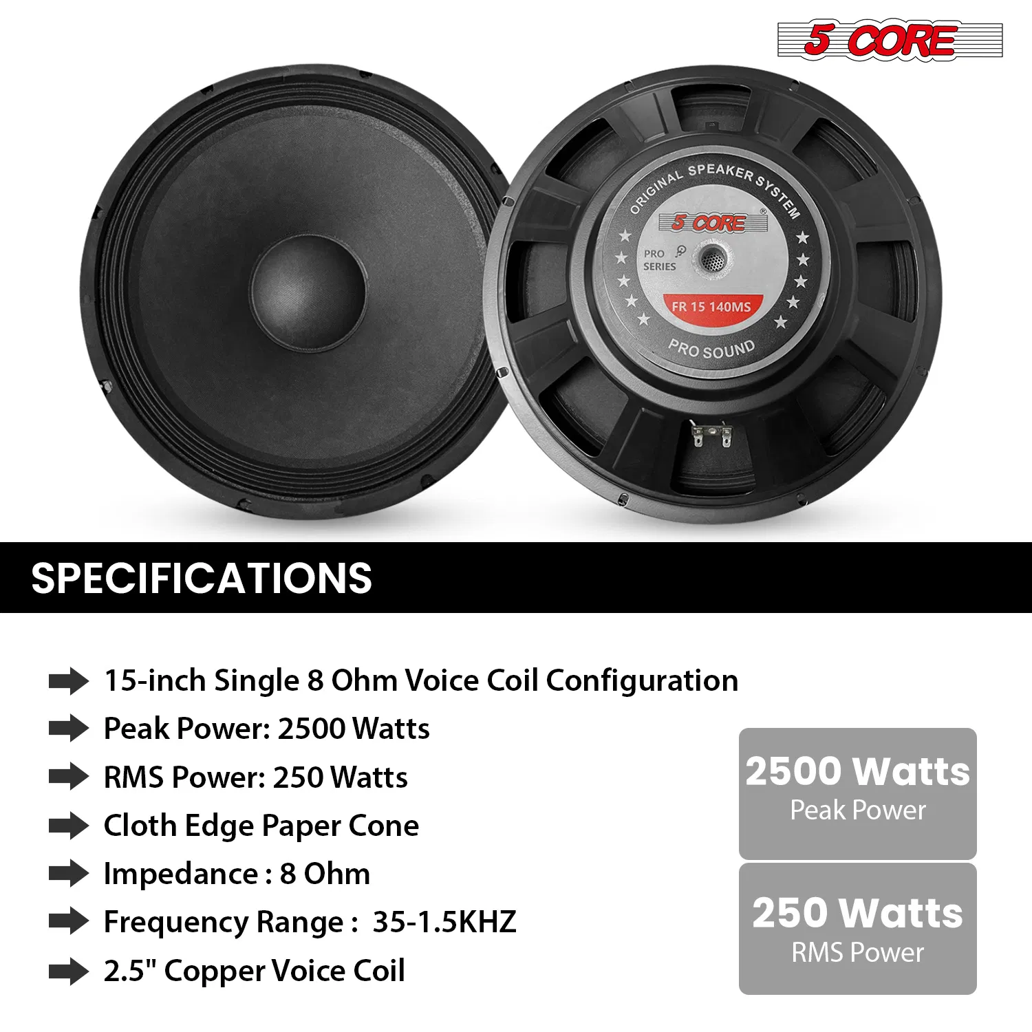 5 Core 15 Inch Subwoofer 8 Ohm Full Range PA DJ Pro Audio Replacement Speaker photo 7