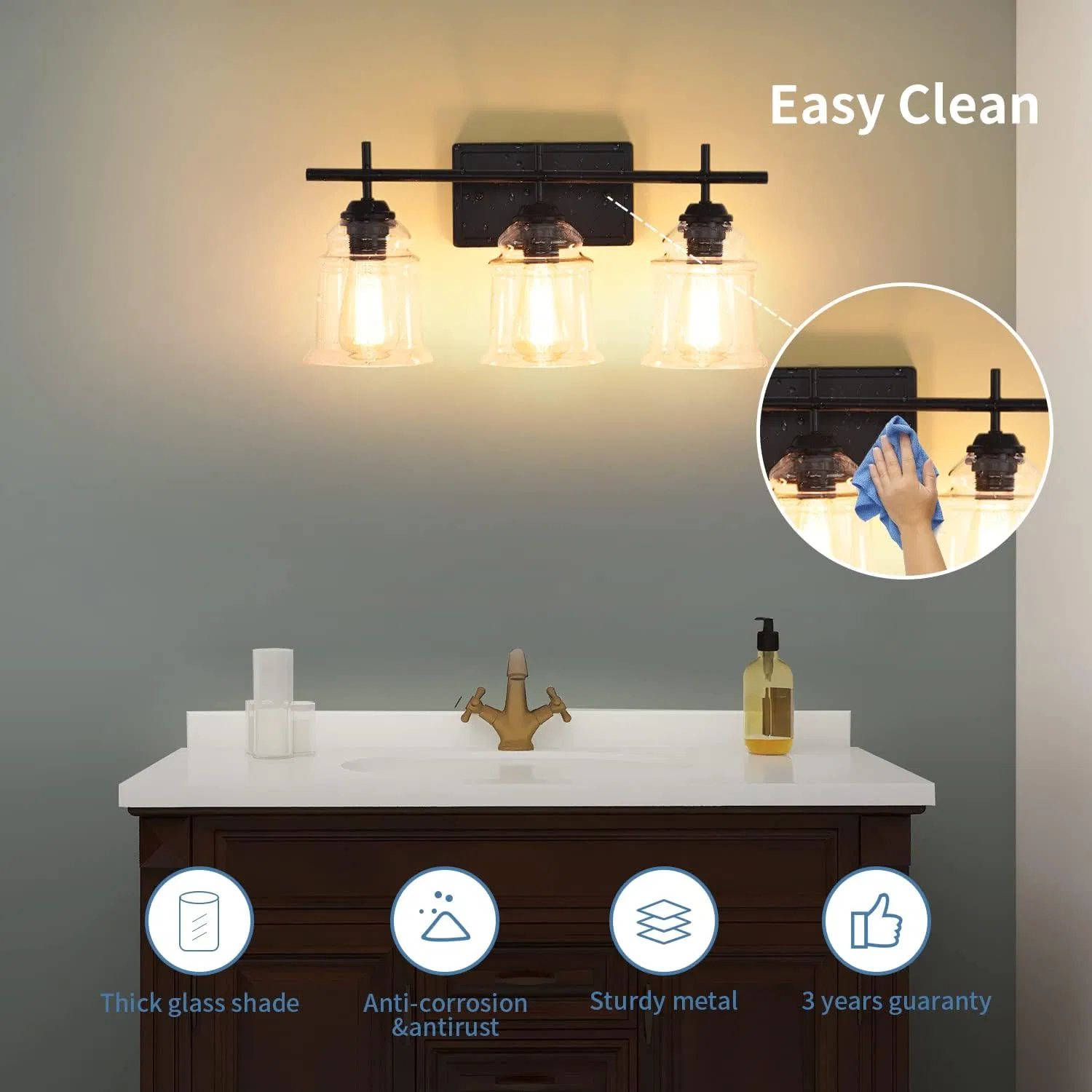 3-Light with Clear Glass Satin Shade Unique Hand-make Lampshade Industrial Indoor Light Fixture E26 Socket [No Bulb][Unable ship weekends, TK/TEMU only for pickup] photo 4
