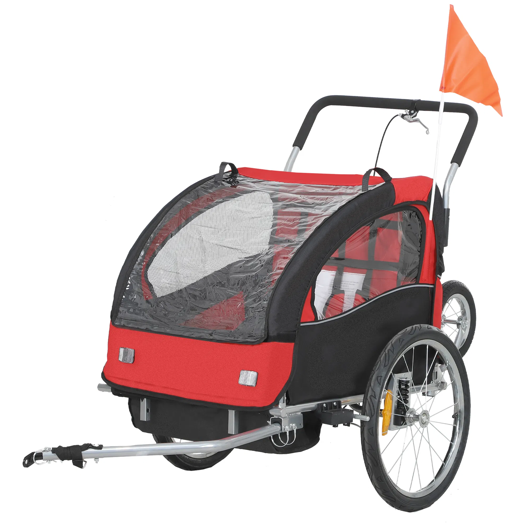2-in-1 Bike Trailer for Kids, Foldable 2-Seat Baby Stroller with 5-Point Harness, Rubber Wheels, Storage Bag, Red photo 1