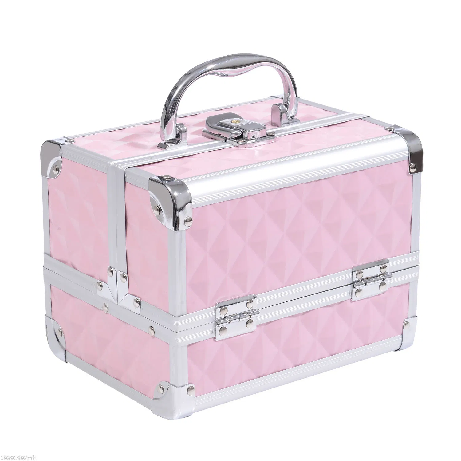 Cosmetic Train Case 3 Tier Diamond Texture Organizer with Mirror Portable Pink 8"x6"x6" photo 1