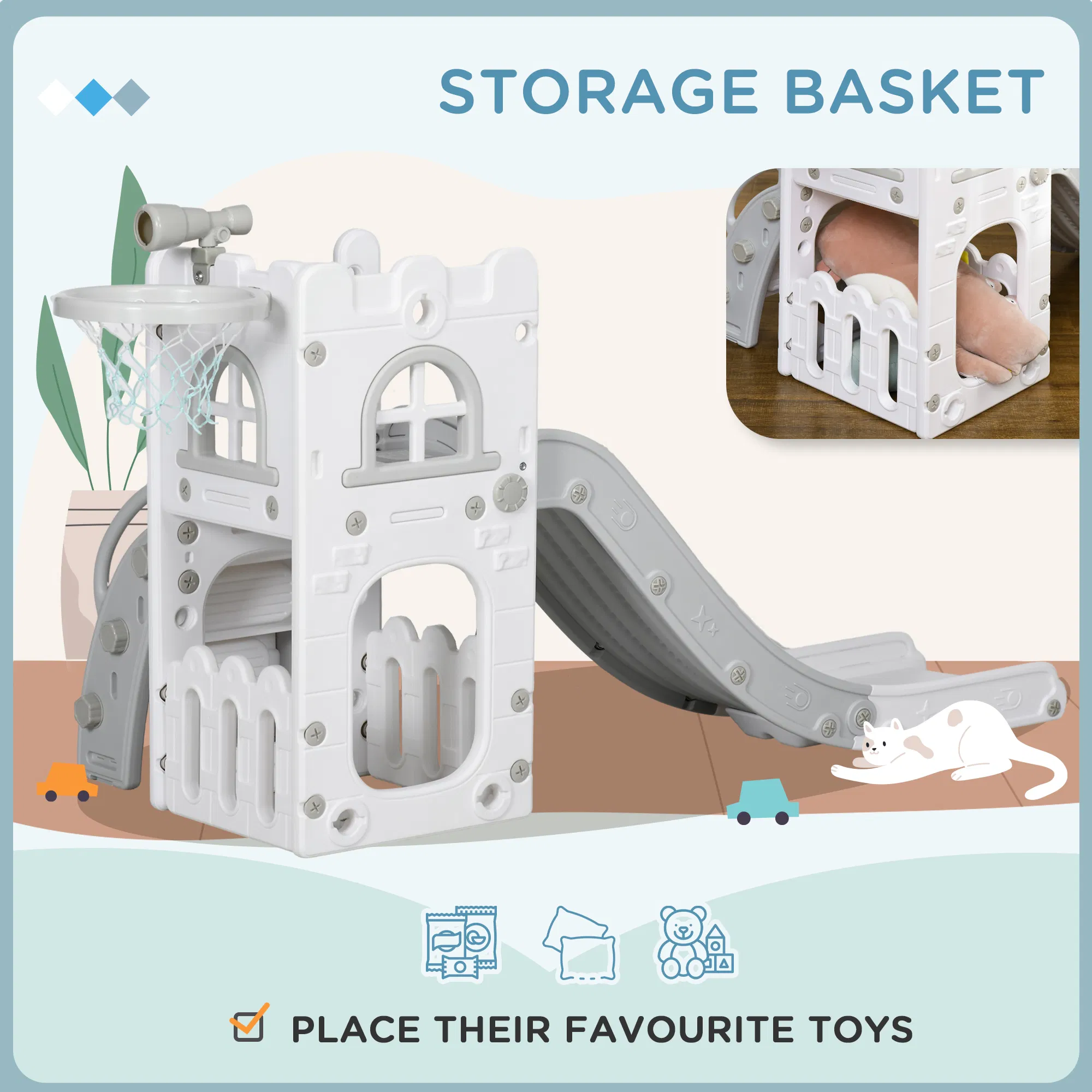 4 in 1 Toddler Slide with Basketball Hoop, Climber, Telescope, Storage Basket, for 1-3 Years Kids Indoor Use, Grey photo 2