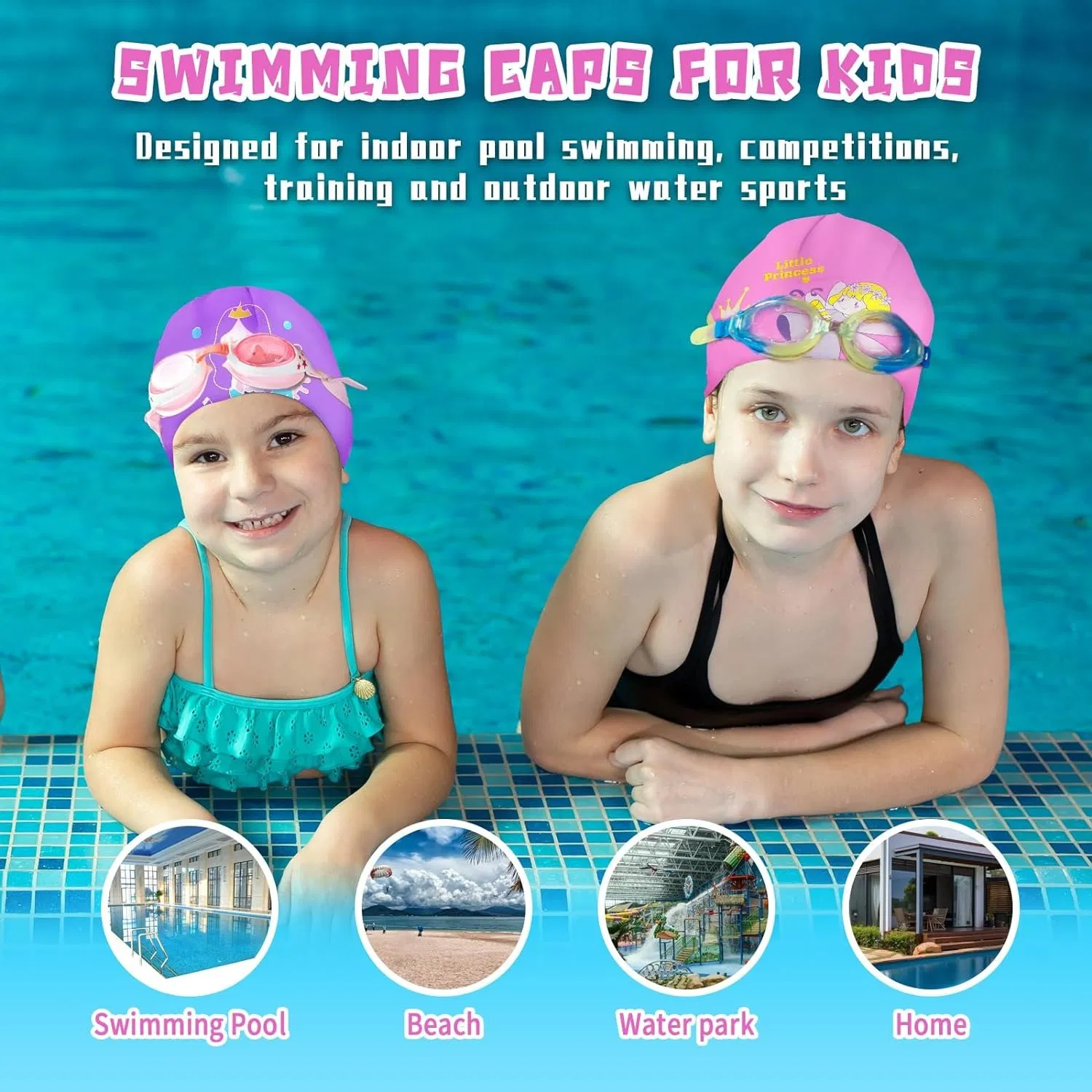 2 Pack Kids Swim Caps for Girls Boy Aged 9-15, Waterproof Bathing Cap for Long and Short Hair, Silicone Swimming Cap Swim Hats with Fairy Mermaid Cartoon photo 4