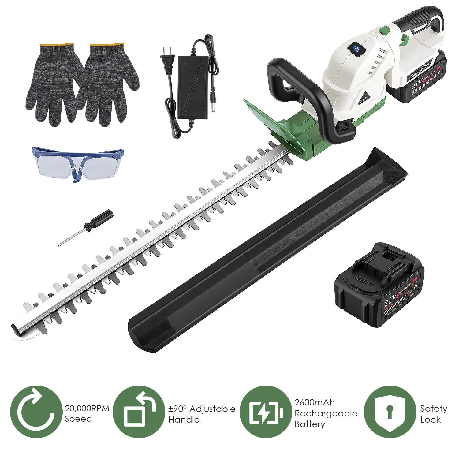 Professional Cordless Hedge Trimmer, ±90° Adjustable Handle & 0.6 Inch Cutting Capacity, 2600mAh Rechargeable Trimmer for Bushes Shrubs Trimming photo 1