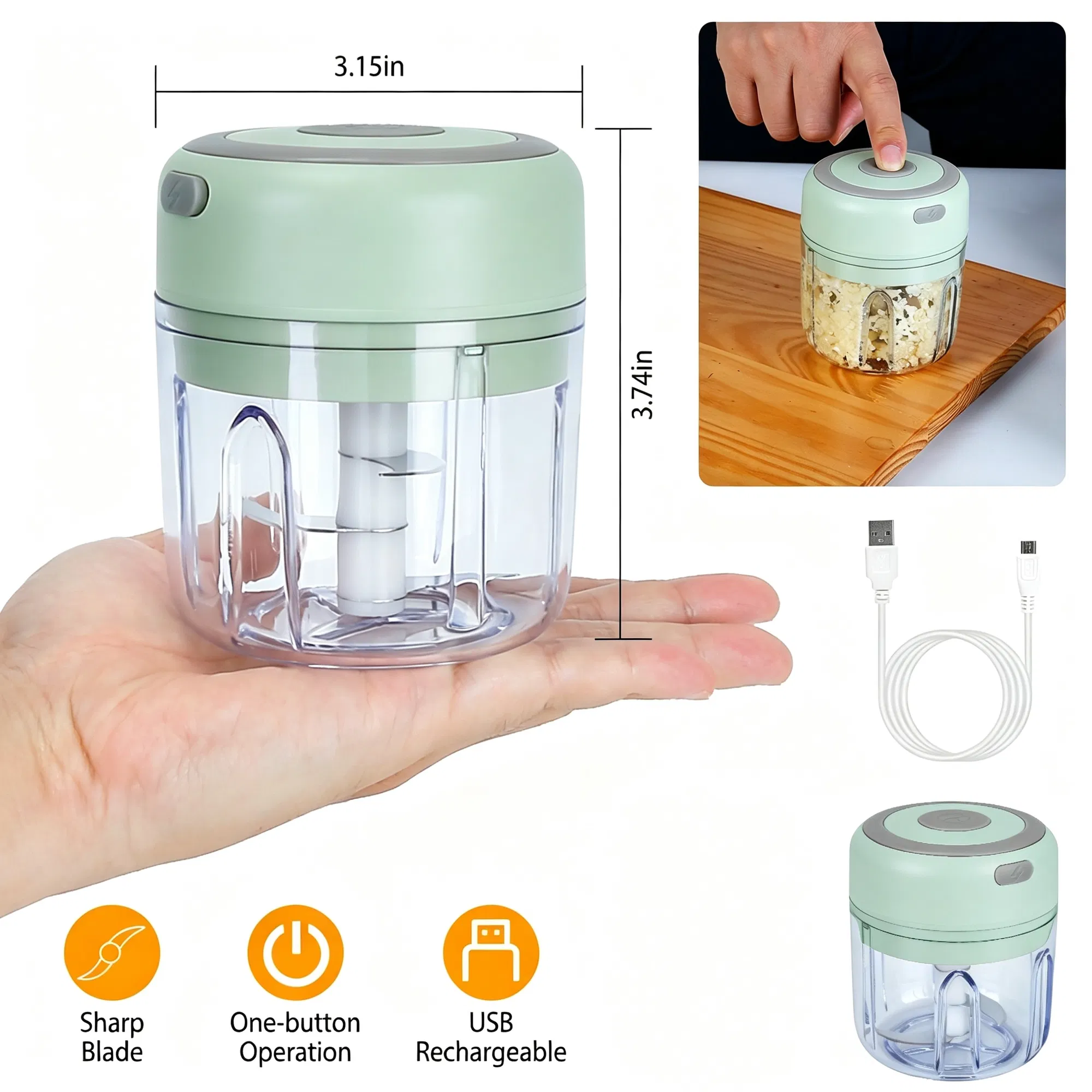 Portable Mini Electric Garlic Chopper, Rechargeable Small Food Processor with 304 Stainless Steel Blade, Detachable Design for Chopping Vegetable, Meat & Seasonings photo 1