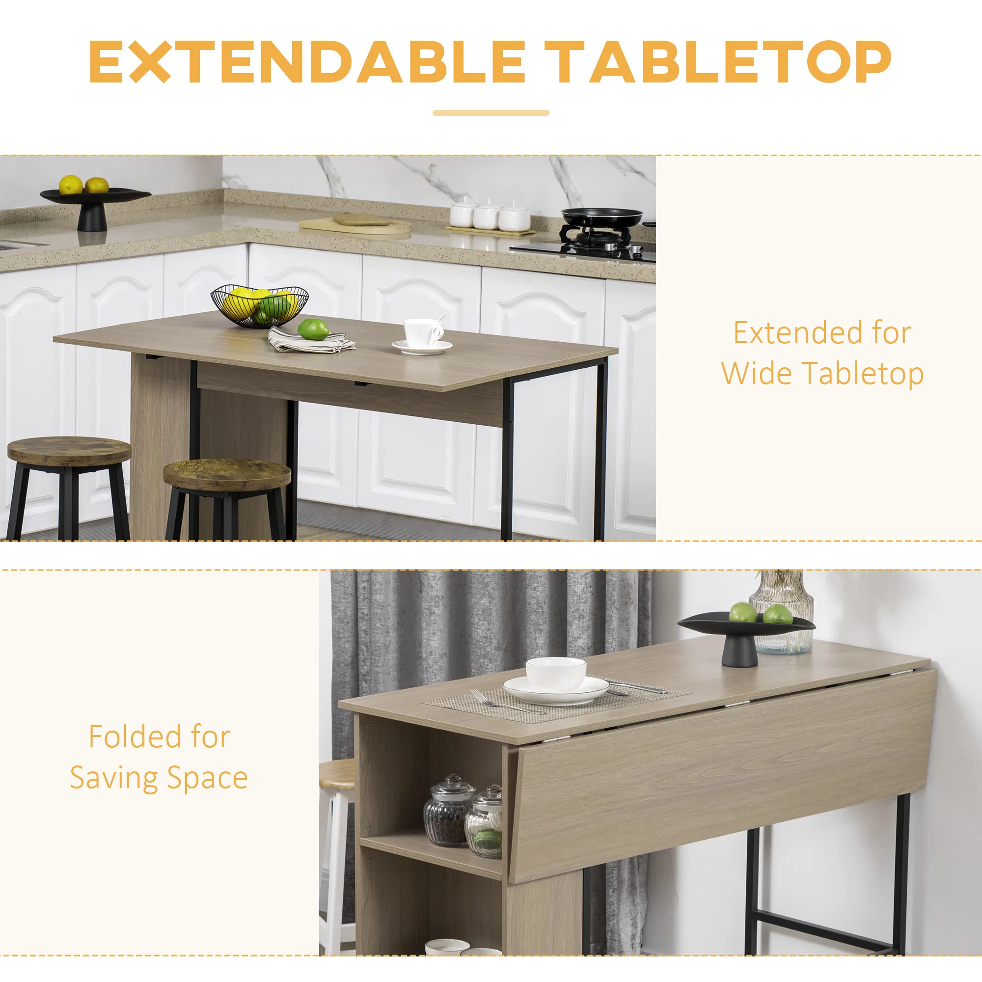 Counter Height Table with Drop Leaf, Extendable Bar Table with Adjustable Storage Shelf, Light Grey photo 5