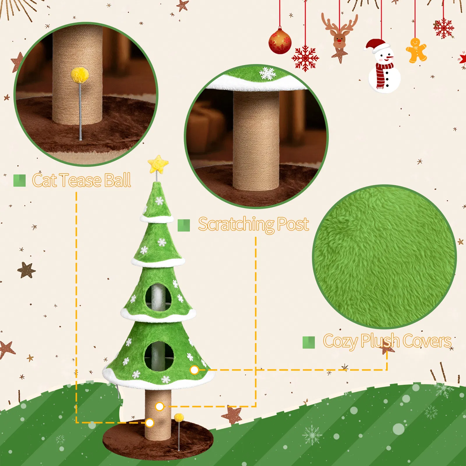 59in Large Tall Christmas Tree Cat Tower with 2 Cat Condos & Scratching Post, Soft Fleece Cat Tree with Teaser Toy & Sturdy Base & Built-in Openings for Indoor Cats, Green & White photo 1