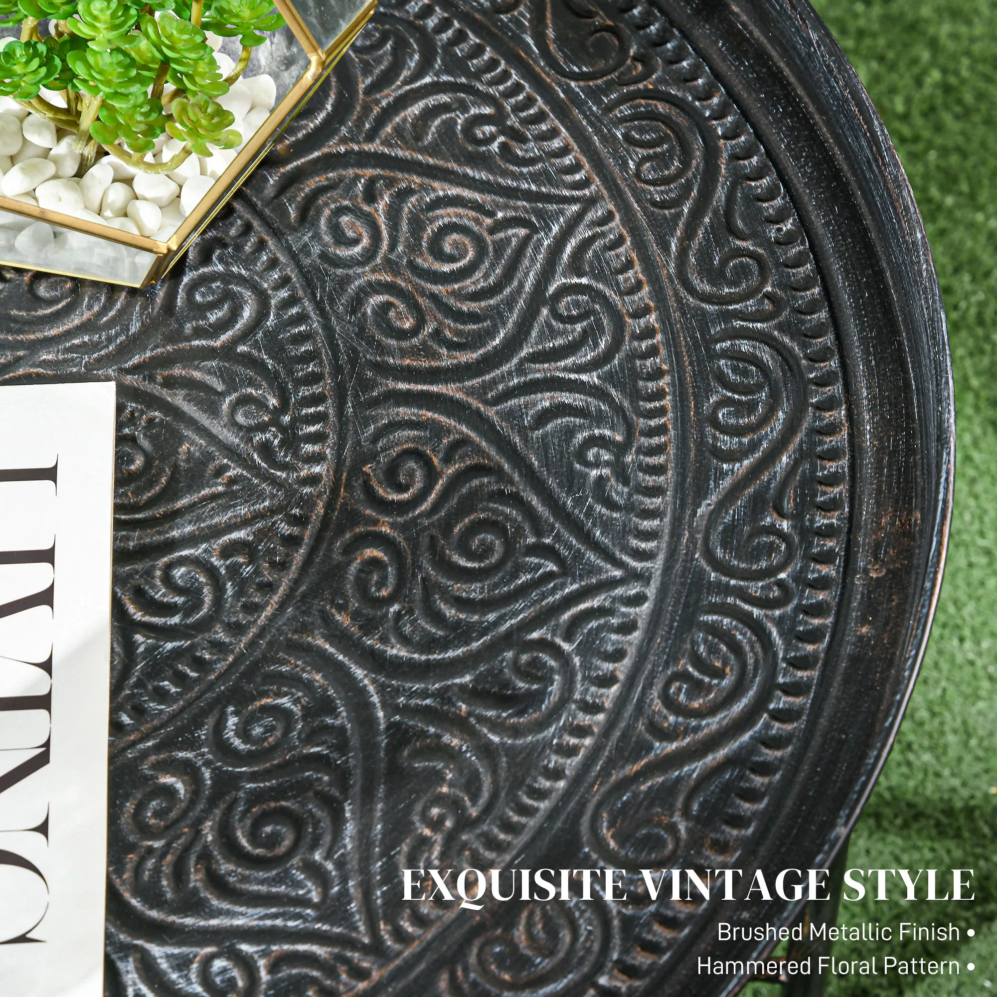 Vintage Coffee Table for Living Room, 24" Round Center Table with Hammered Tray Top and Metal Frame, Pewter photo 2