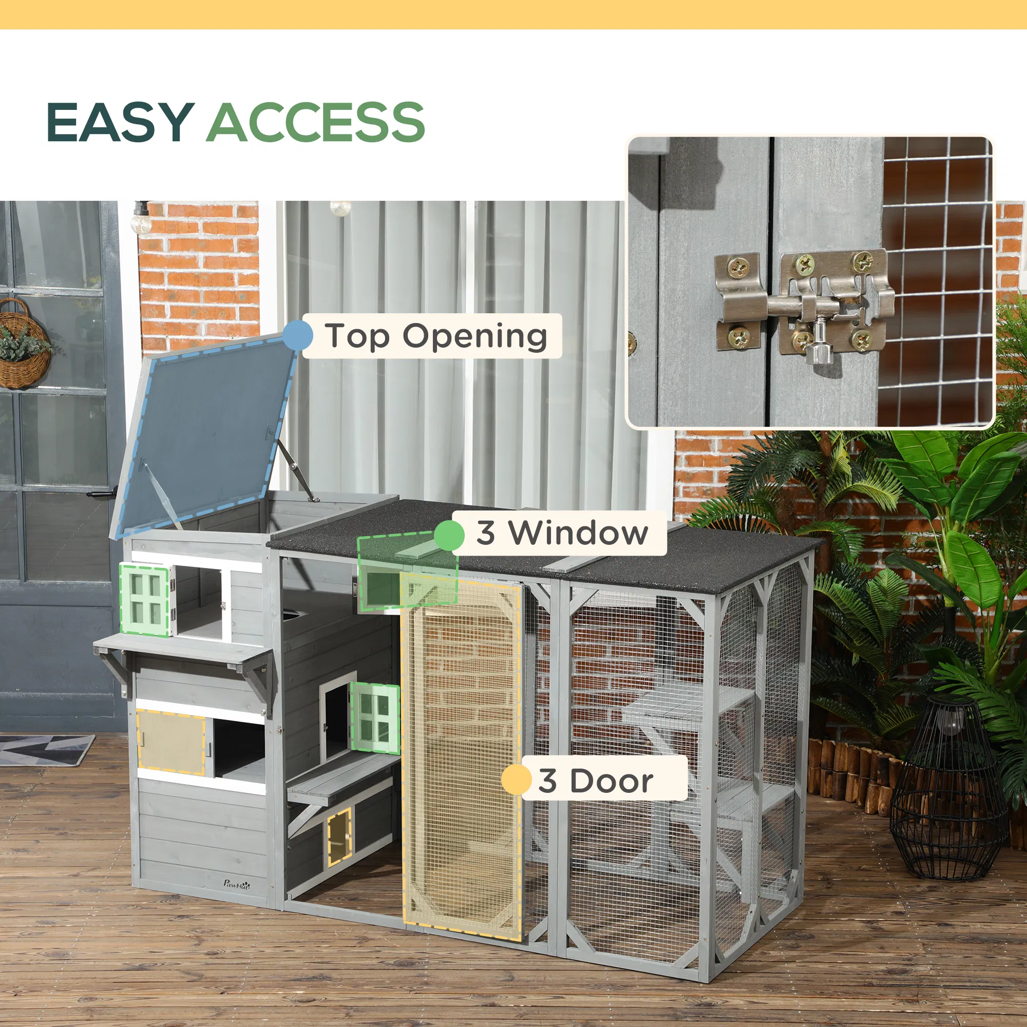 Wooden Cat Catio, 76"L Walk in Outdoor Cat House with Asphalt Roof, Platforms, Lockable Doors, 3-tier Resting Condo, Observation Window, for 2-3 Cats, Light Grey photo 5