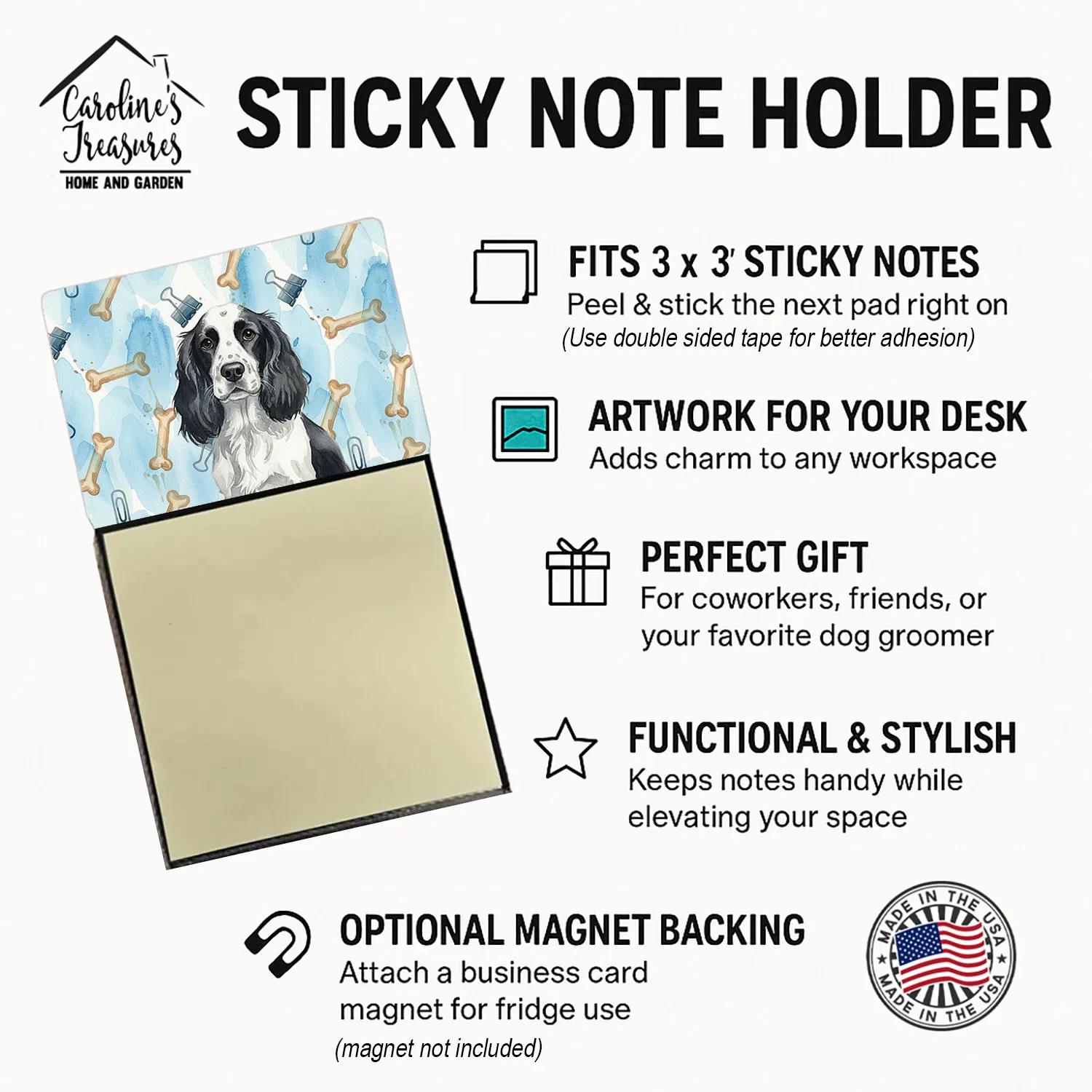 Black and White English Springer Spaniel Coworker Watercolor Sticky Note Holder Refillable Dispenser Desk Accessory 3x3 Pad Gift photo 3