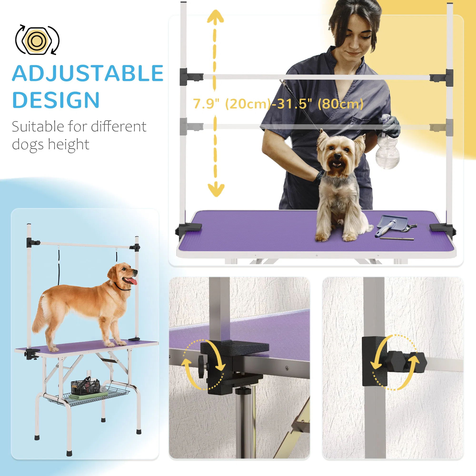 Adjustable Dog Grooming Table with 2 Safety Slings, Storage Basket, Purple photo 2