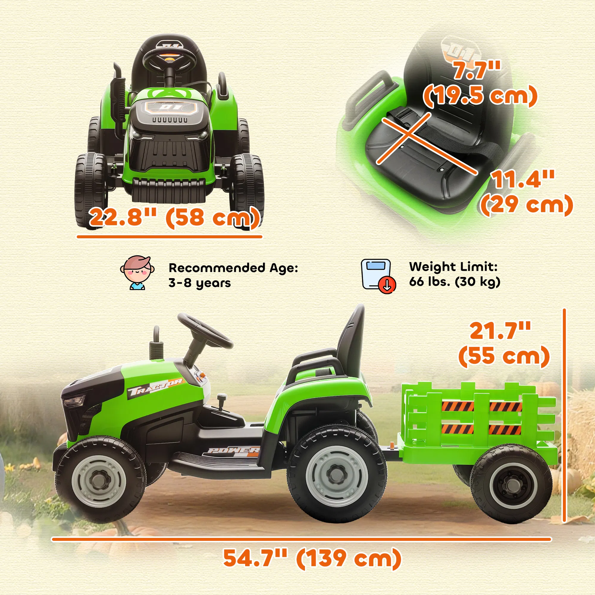 12V Kids Ride On Tractor with Trailor, Remote Control, Music, Lights, Shifter, for Kids Ages 3-8 Years, Green photo 5