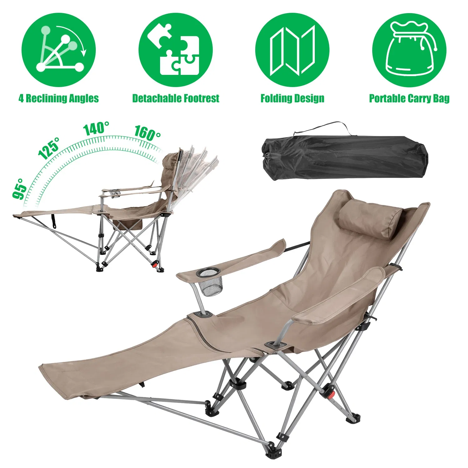 1Pc Reclining Camping Chair with Footrest 4-Position Adjustable Outdoor Folding Chair Heavy Duty Portable Camping Lounge Chair with Headrest Cup Holder & Side Pocket for Outdoor Beach Patio Travel photo 1