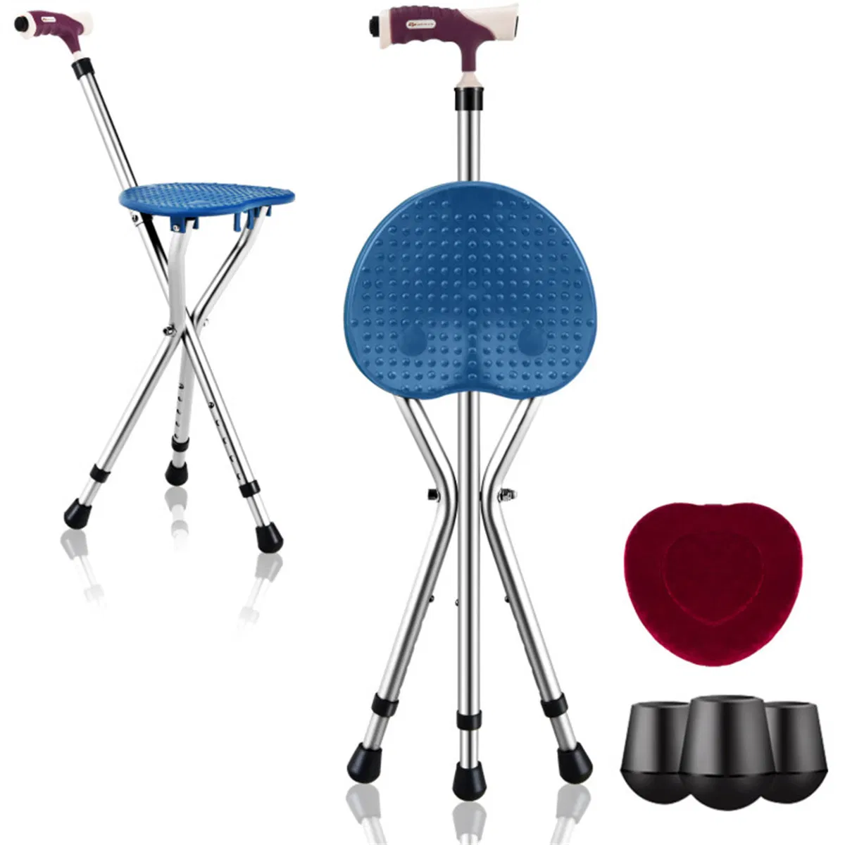 Folding Seat Cane (220lbs): 5-Level Height Adjust, LED Light, Anti-Slip Pads, Aluminum Alloy, Bonus Cushion/3 Foot Pads for Elder-Silver photo 1
