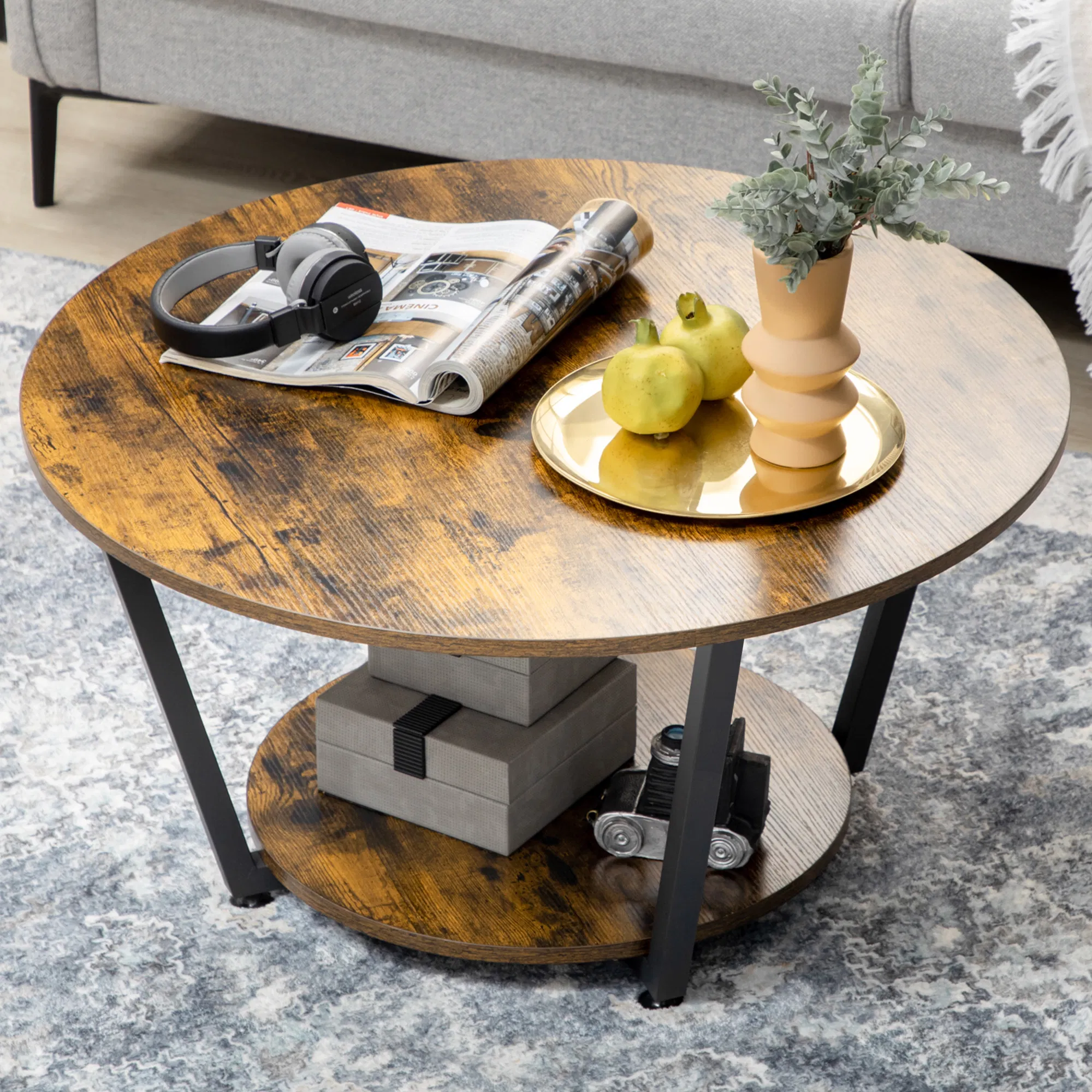 2-Tier Round Coffee Table with Storage Shelf, Industrial Center Table with Steel Frame for Living Room, Rustic Brown photo 6