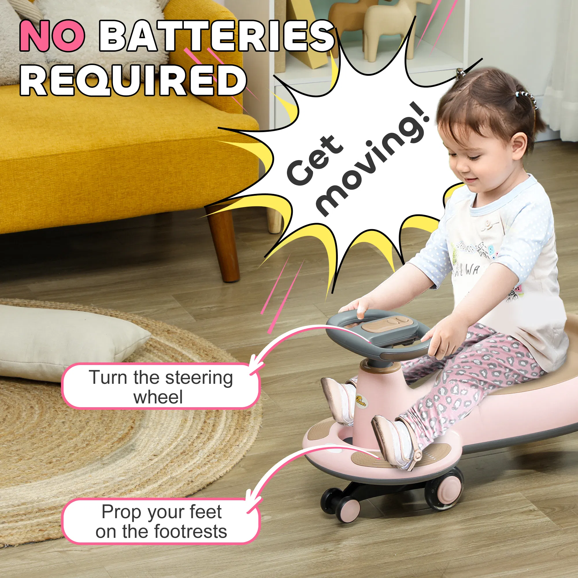 Kids Wiggle Car w/ Parent Traction Rope, Music, Light, Pink photo 5