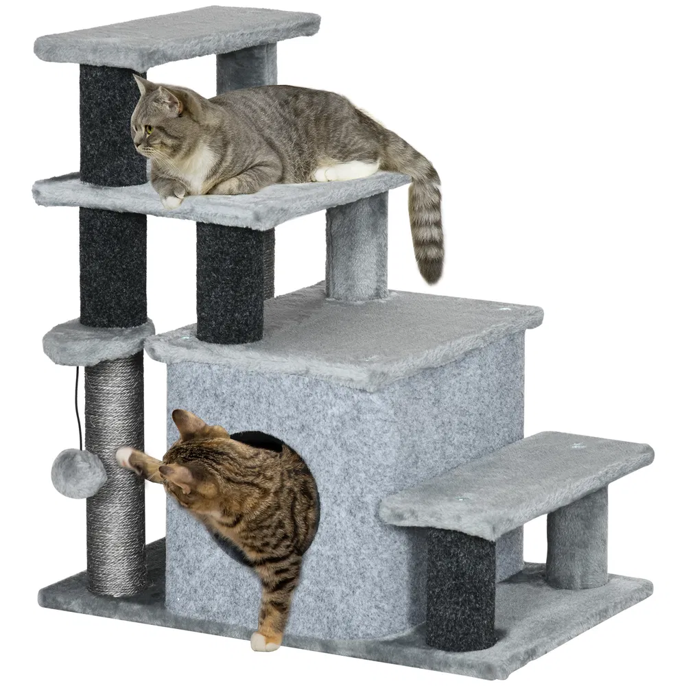 Cat Stairs Pet Steps for Couch Bed with Scratching Posts Condo Ball Toy, 23.6" x 15.7" x 26", Grey photo 7