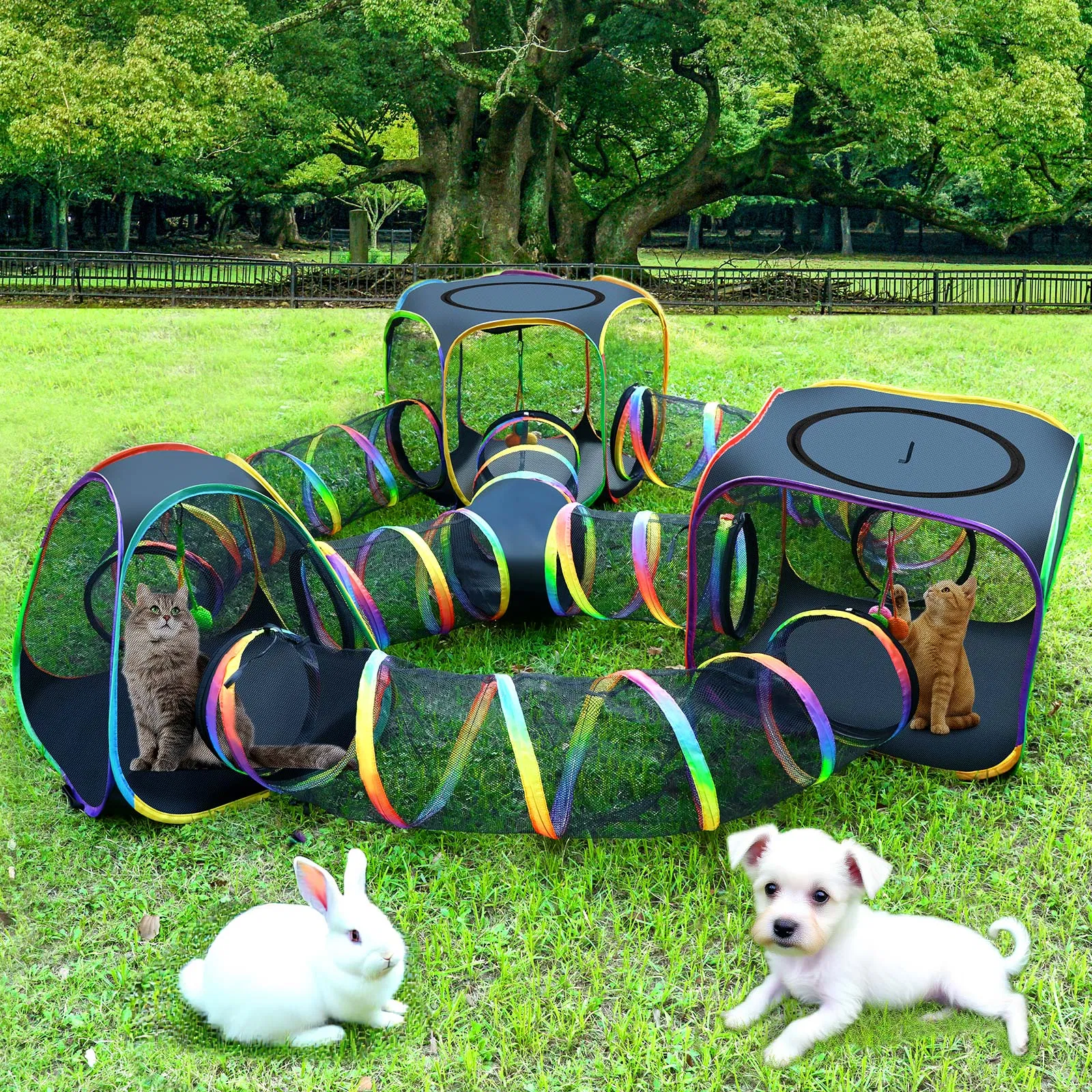 Portable Cat Enclosure - 7-in-1 Outdoor Catio with Tent & Tunnel, Foldable Playpen for Indoor Cats, Includes Storage Bag for Cats & Small Animals Rainbow Color photo 1