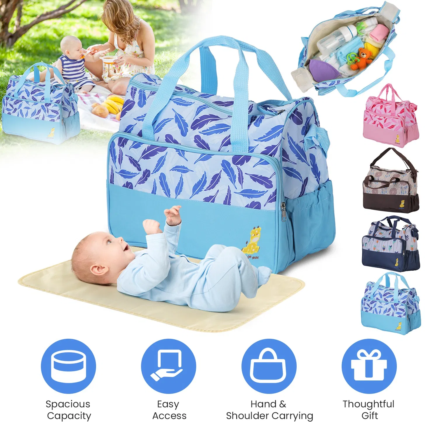 5Pcs Baby Nappy Diaper Bags Set Mummy Diaper Handbags with Diaper Pad Food Bag Bottle Bag Travel Tote Bags For Mom Dad photo 1