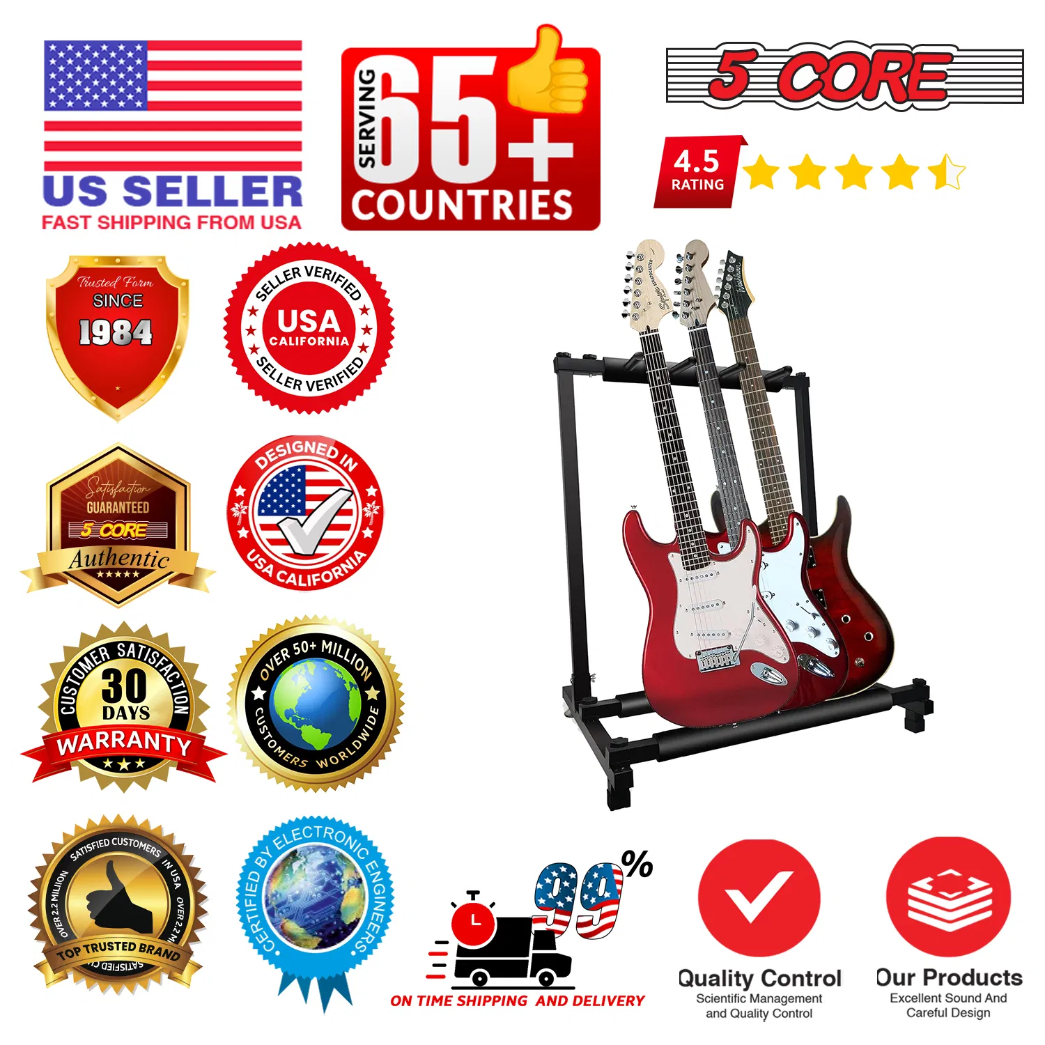 5 Core Guitar Rack 3 Slot Multi Guitar Stand Triple Display Floor Stand Safe Storage Foldable Portable for Electric Acoustic Flying V Guitars photo 6