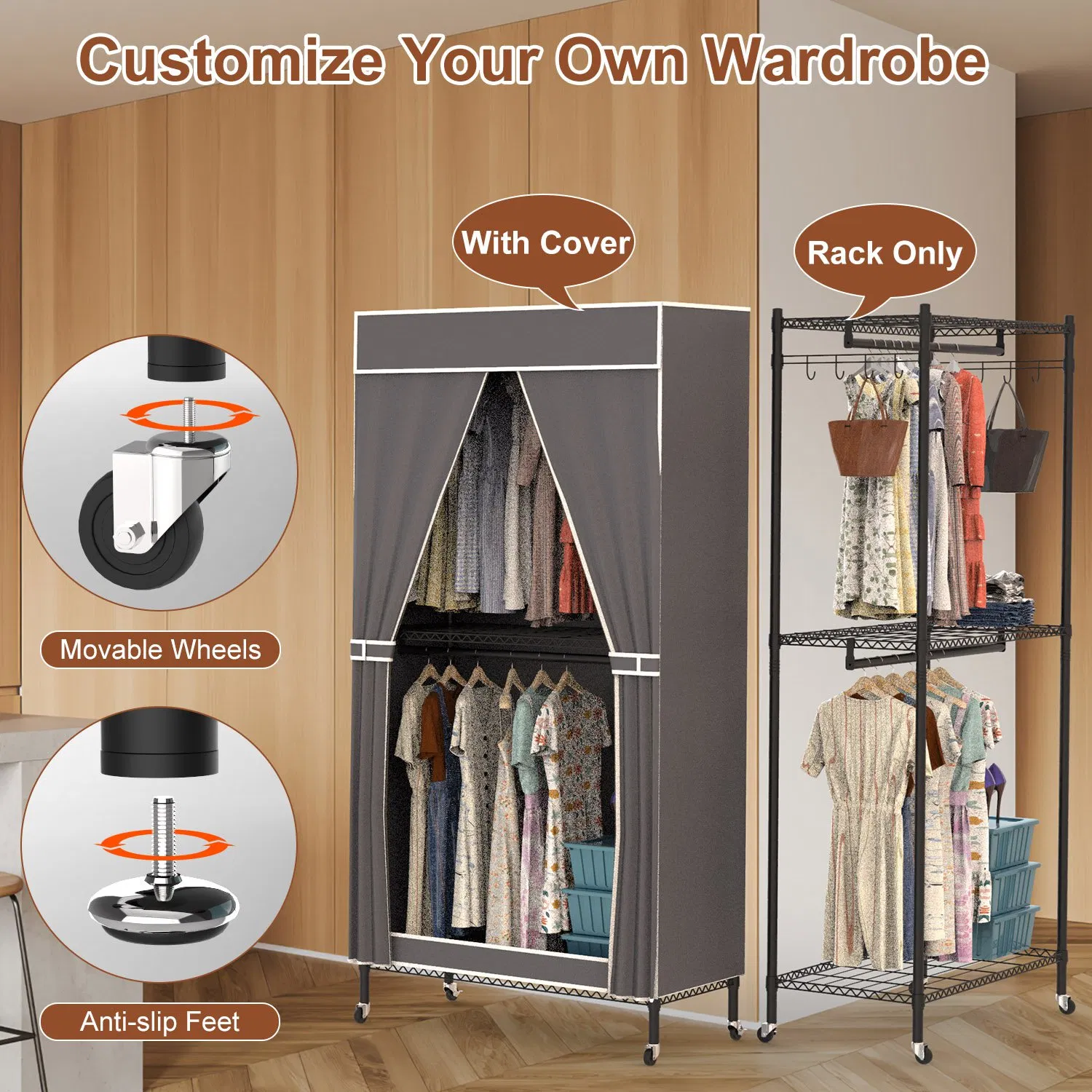 2 Tier Clothing Rack With Cover Portable Wardrobe Closet Covered Garment Rack with 4 Wheels 2 Hanging Rods 2 Hook Racks 35.43x17.13x72.44in photo 6