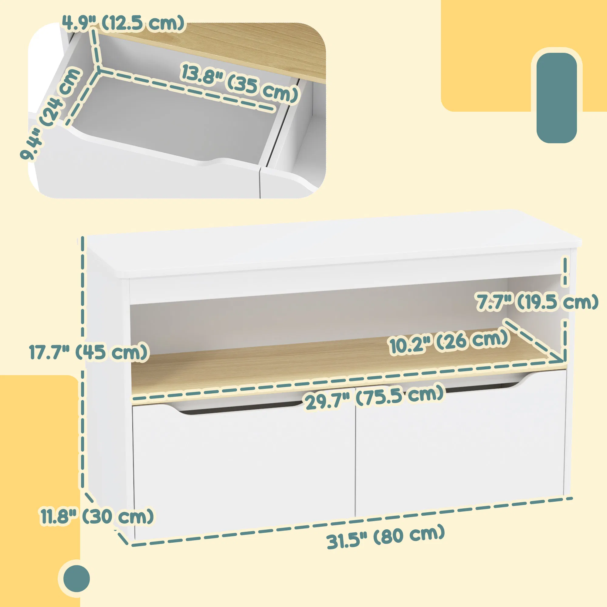 Kids Bookshelf with 2 Drawers, Large Tabletop, Shelf, for Nursery, Kids Room, Bedroom, Living Room, White photo 2