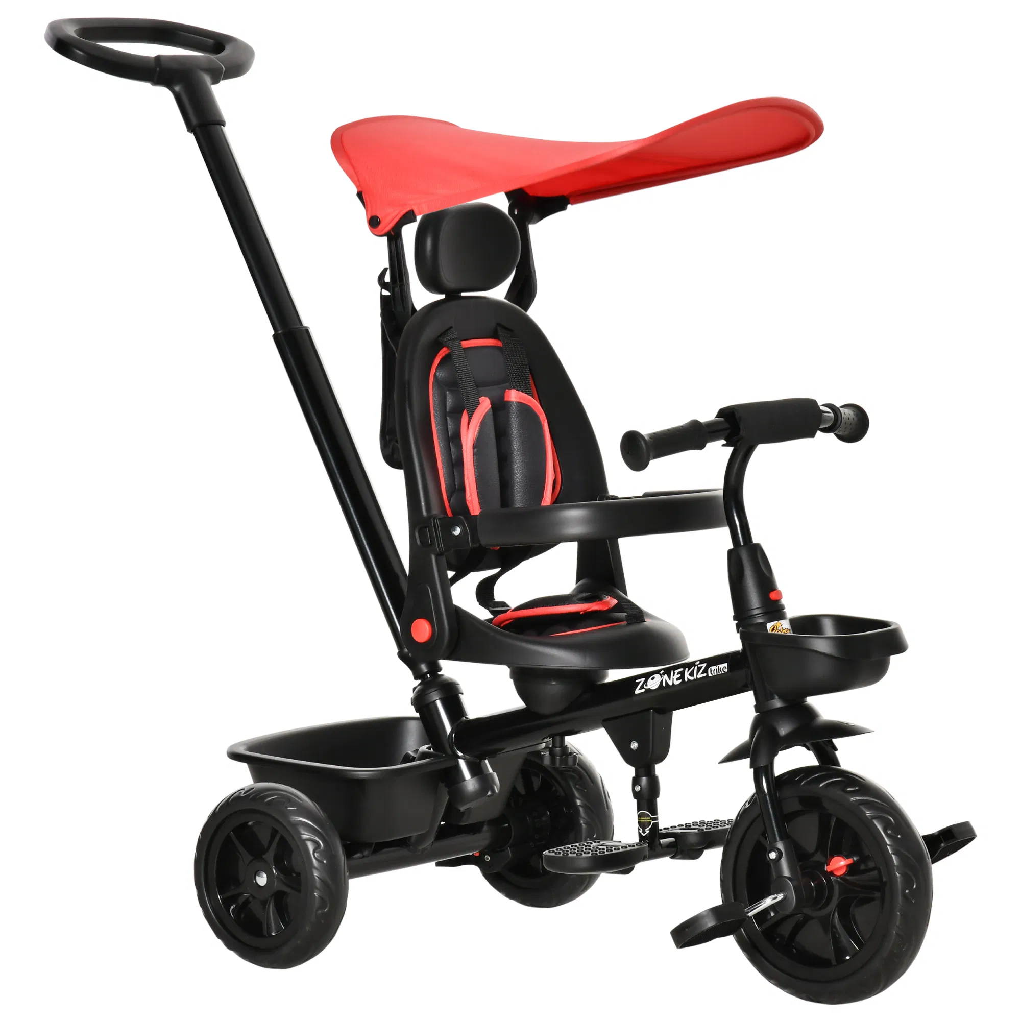 Kids Tricycle 4 In 1 Trike with Reversible Angle Adjustable Seat Removable Handle Canopy Handrail Belt Storage Footrest Brake Clutch for 1-5 Years Old Red photo 1