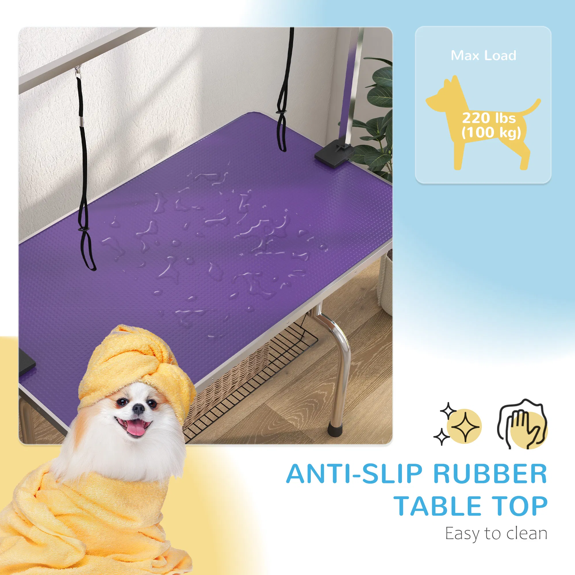 Adjustable Dog Grooming Table with 2 Safety Slings, Storage Basket, Purple photo 6