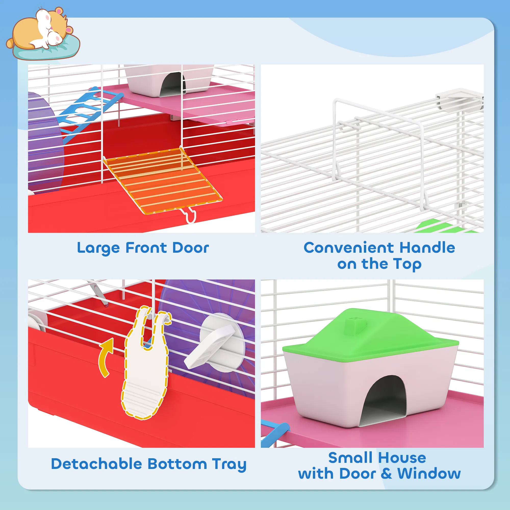 18.5'' Hamster Cage with Exercise Wheel and Water Bottle Dishes, Rat House and Habitats 2 Storey Design, Red photo 2