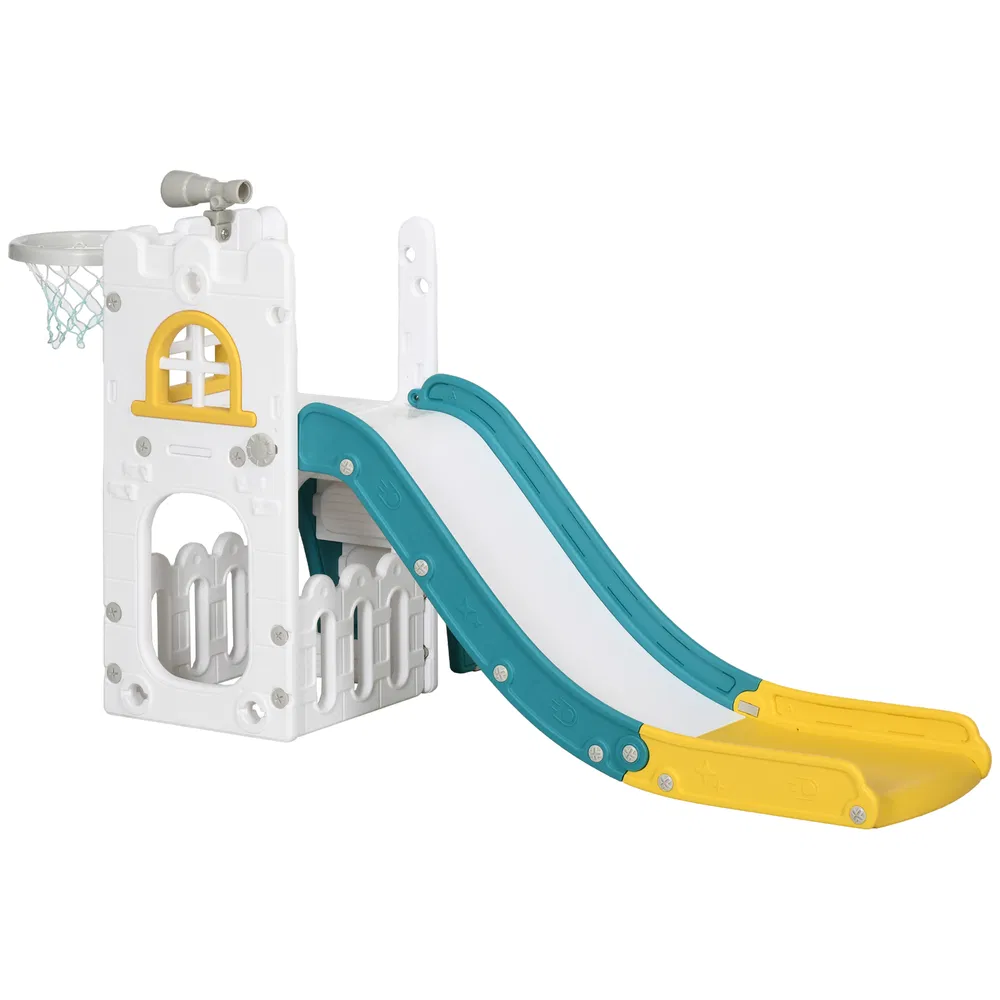 4 in 1 Toddler Slide with Basketball Hoop, Climber, Telescope, Storage Basket, for 1-3 Years Kids Indoor Use, Yellow photo 7