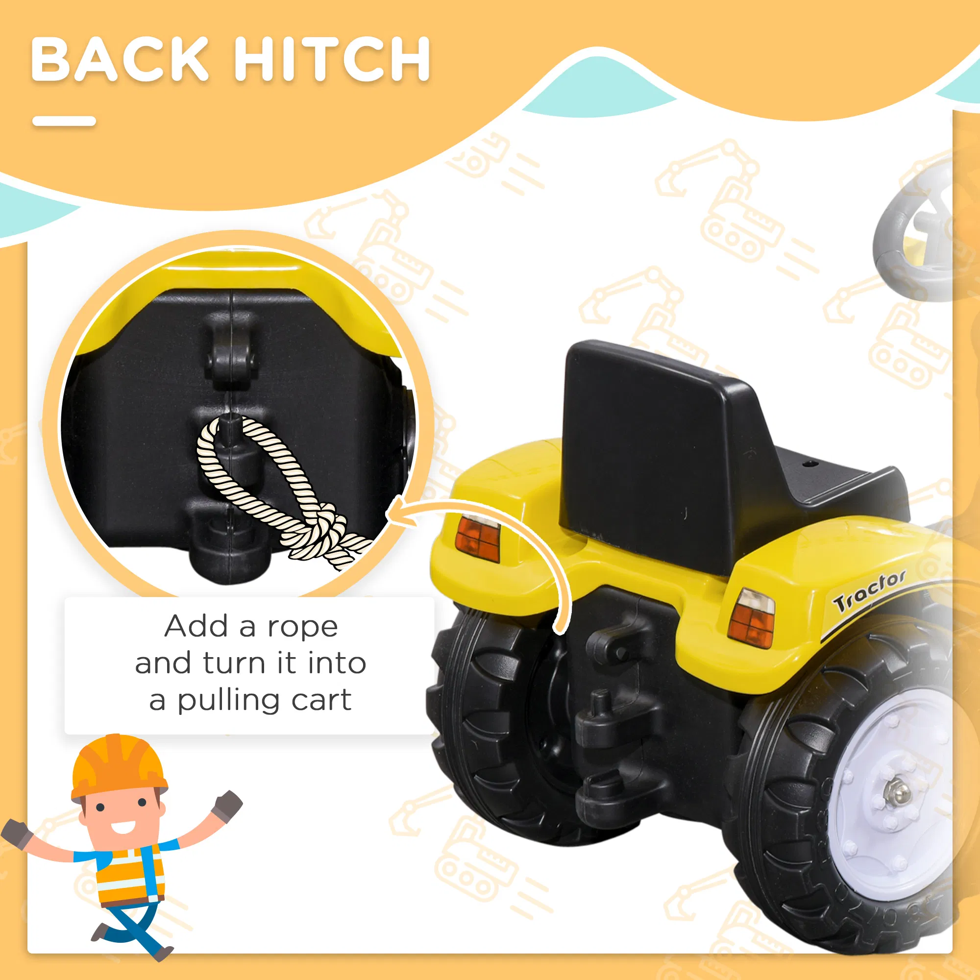 Ride on Tractor for Kids, Pedal Construction Car with Front Loader Digger for 3 Year Old, Yellow photo 4