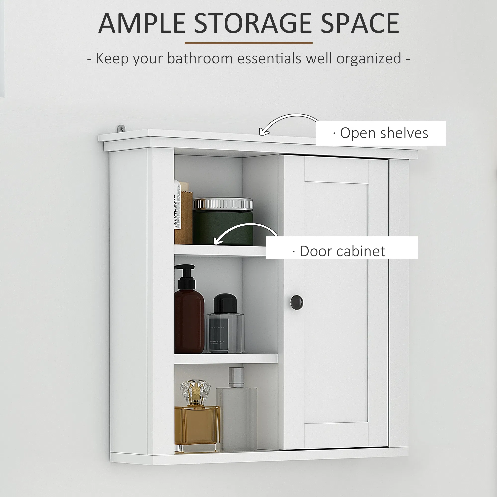 Bathroom Wall Cabinet, Wall Mounted Medicine Cabinet with 3 Open Shelves and Storage Cupboard for Laundry Room, White photo 3