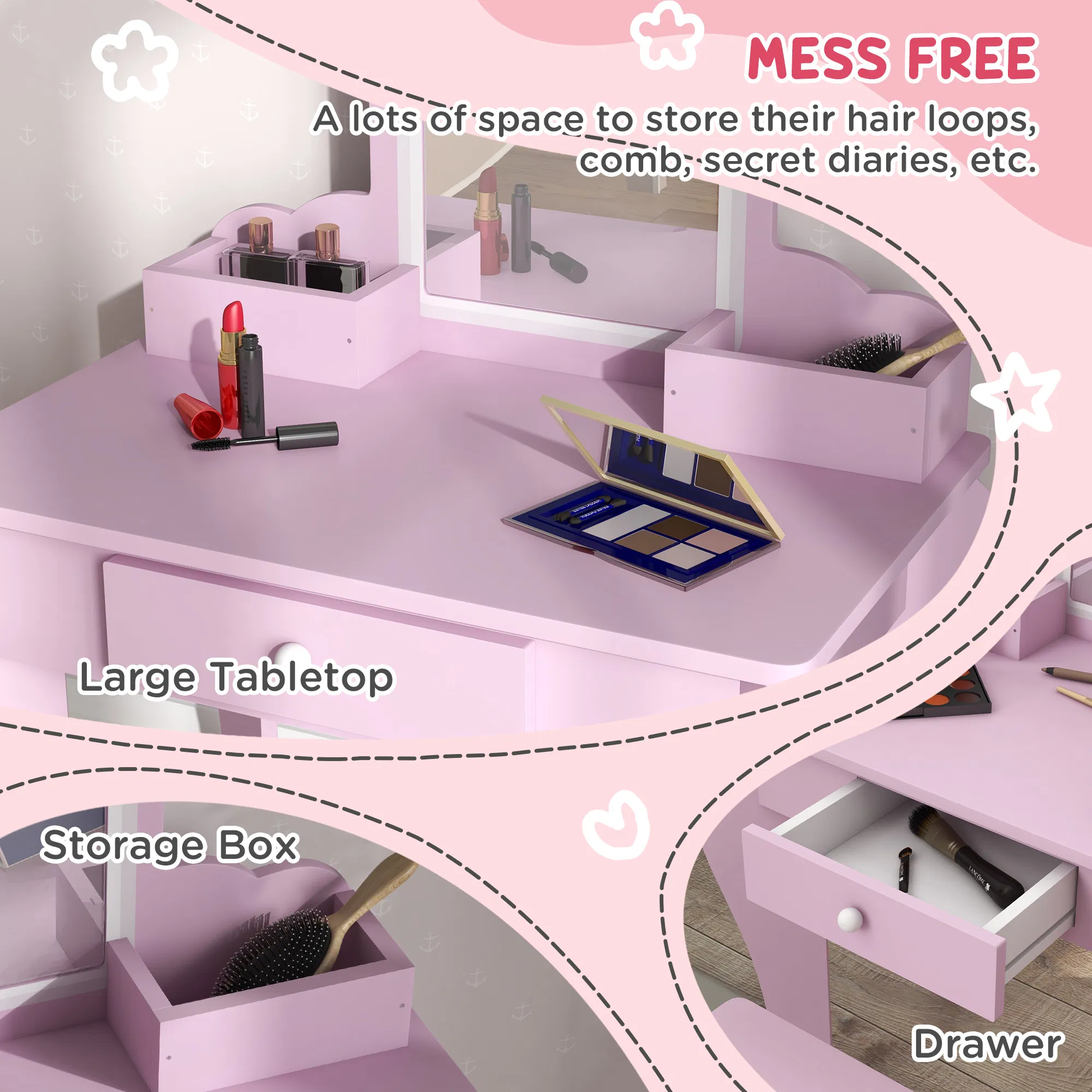Makeup Vanity with Mirror and Stool, Cloud Design, Drawer, Storage Boxes, for 3-6 Years Old, Pink photo 3