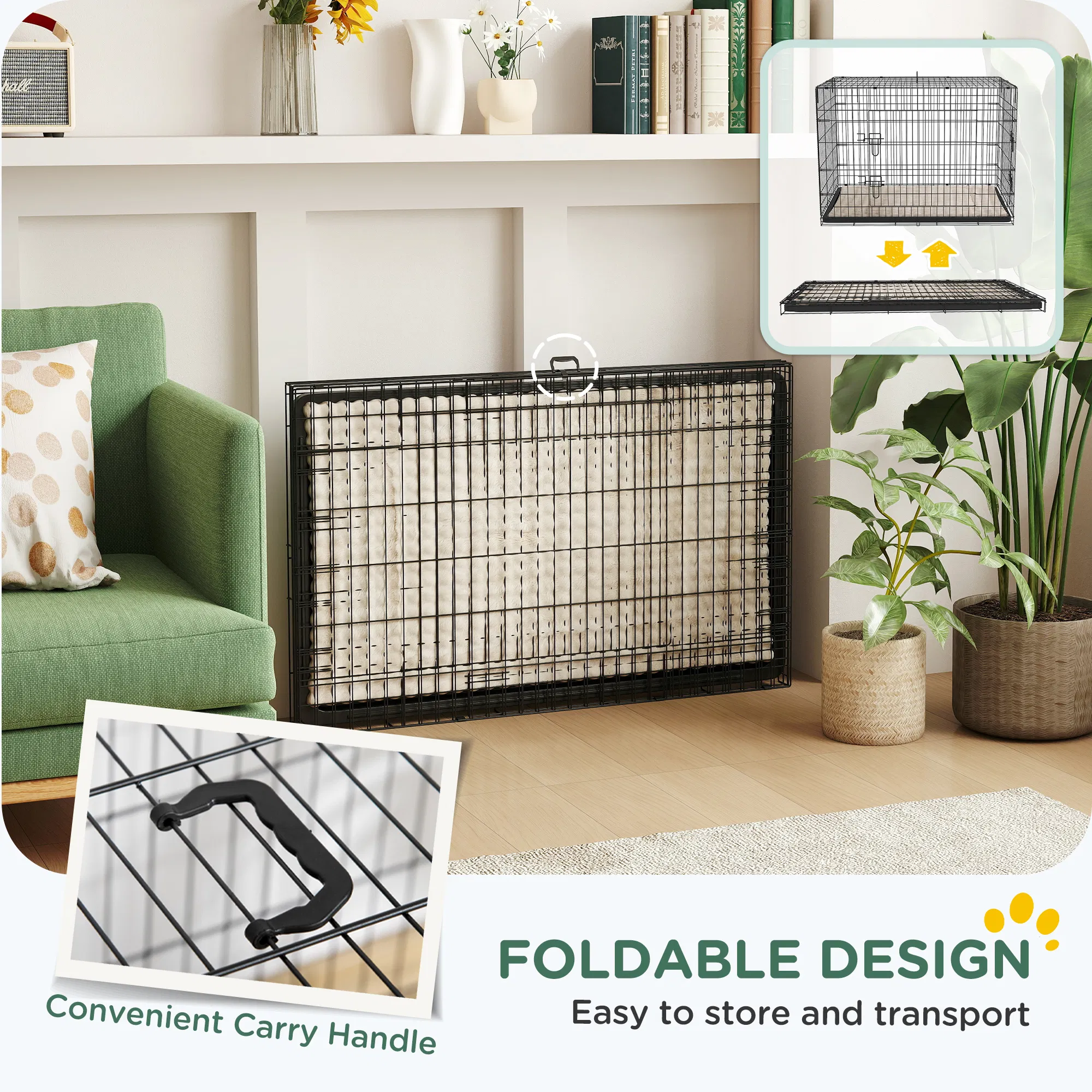 41" Dog Crate with 2 Doors, Folding Metal Dog Cage with Soft Cushion, Removable Tray, Handle, for Small Dogs, Black photo 2