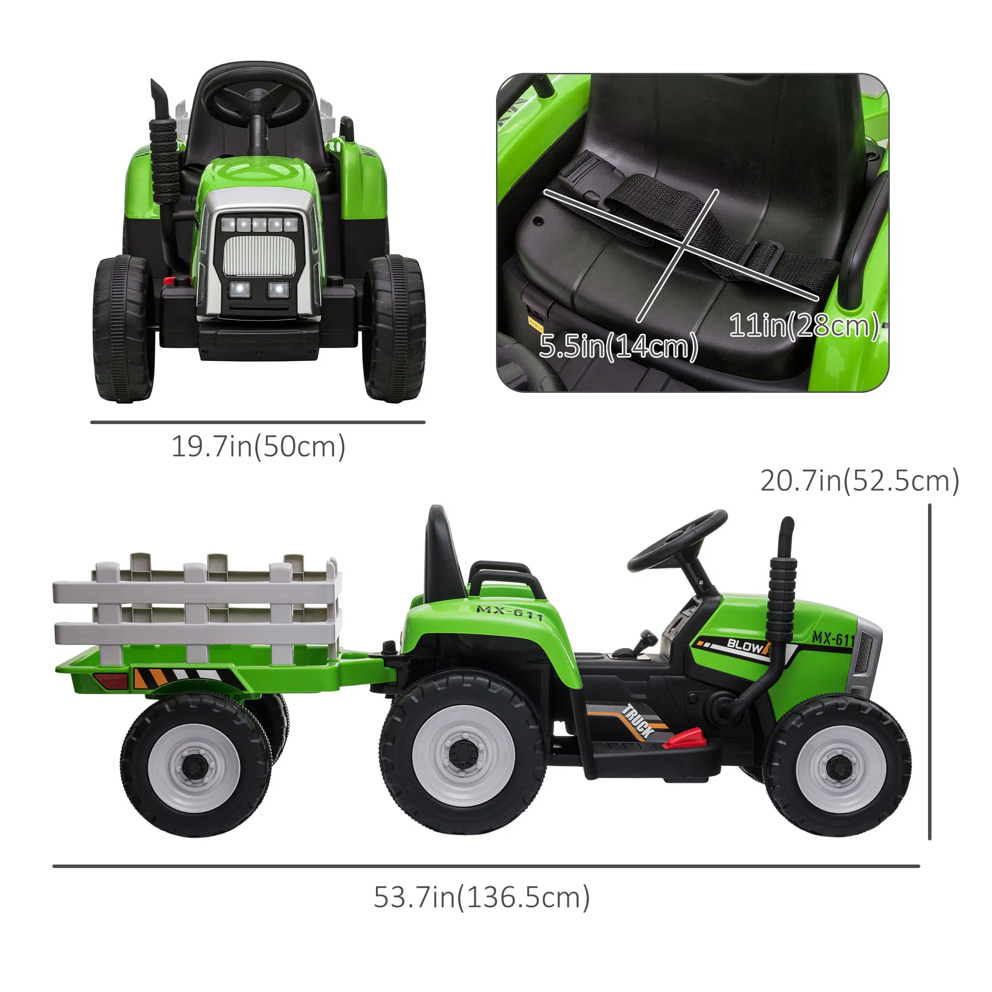 12V Kids Ride on Tractor with Trailer, Battery Powered Electric Tractor with Remote Control, Music Start up Sound and Horn, USB, LED Lights, Green photo 2