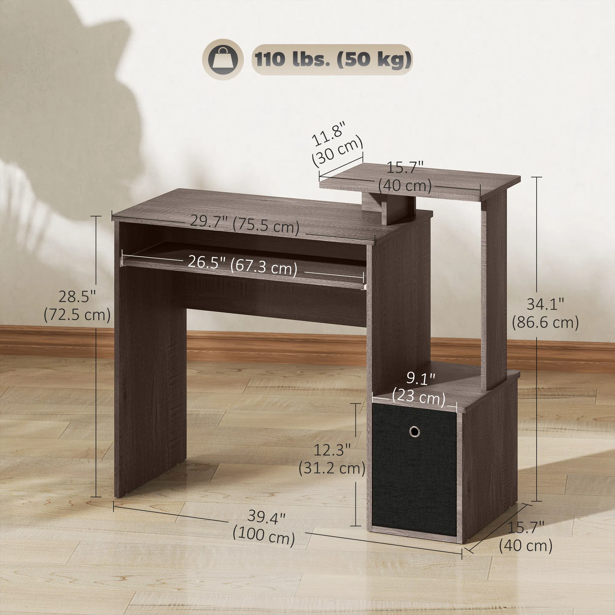 Computer Desk with Sliding Keyboard Tray Storage Drawer Shelf Home Office Workstation Grey photo 4