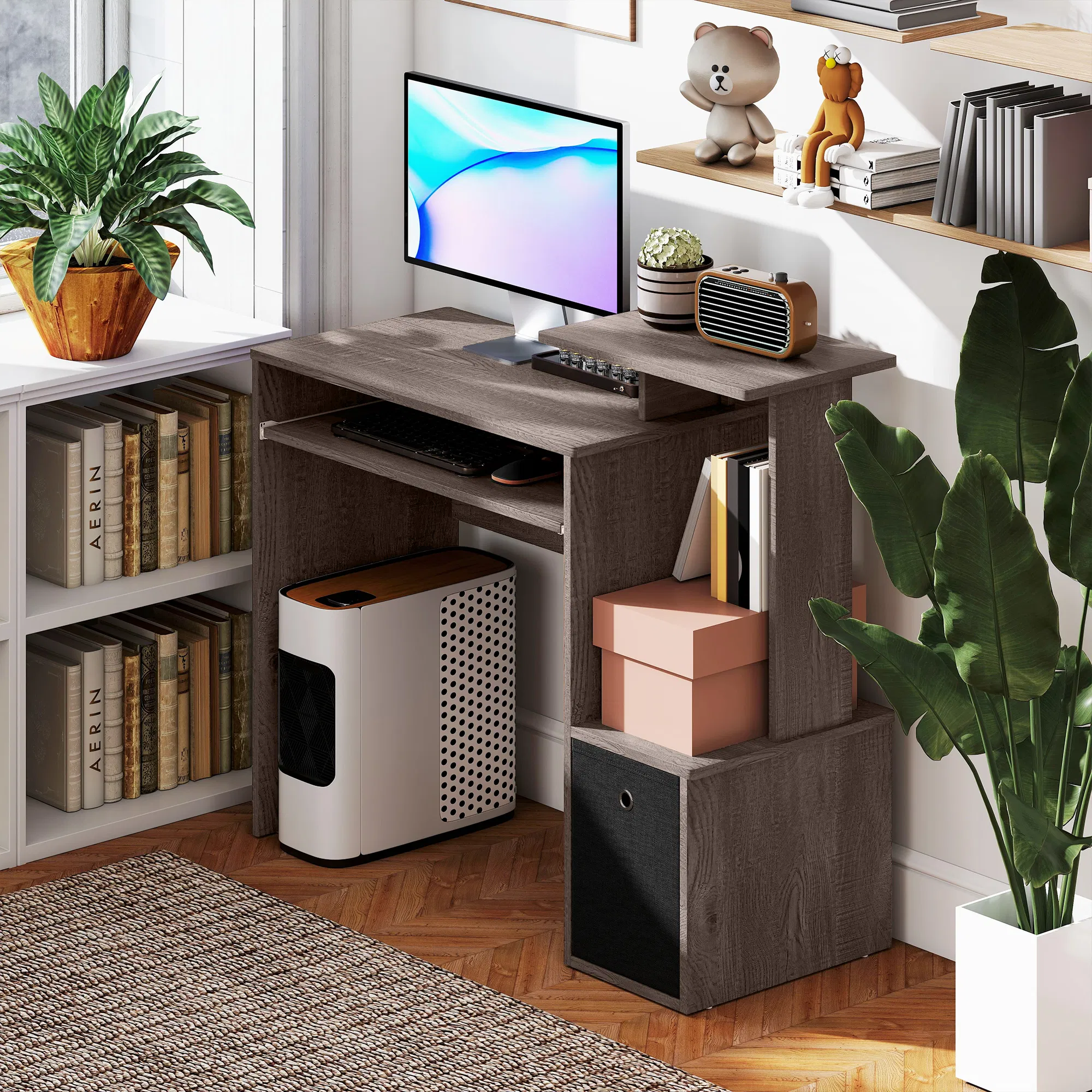 Computer Desk with Sliding Keyboard Tray Storage Drawer Shelf Home Office Workstation Grey photo 3