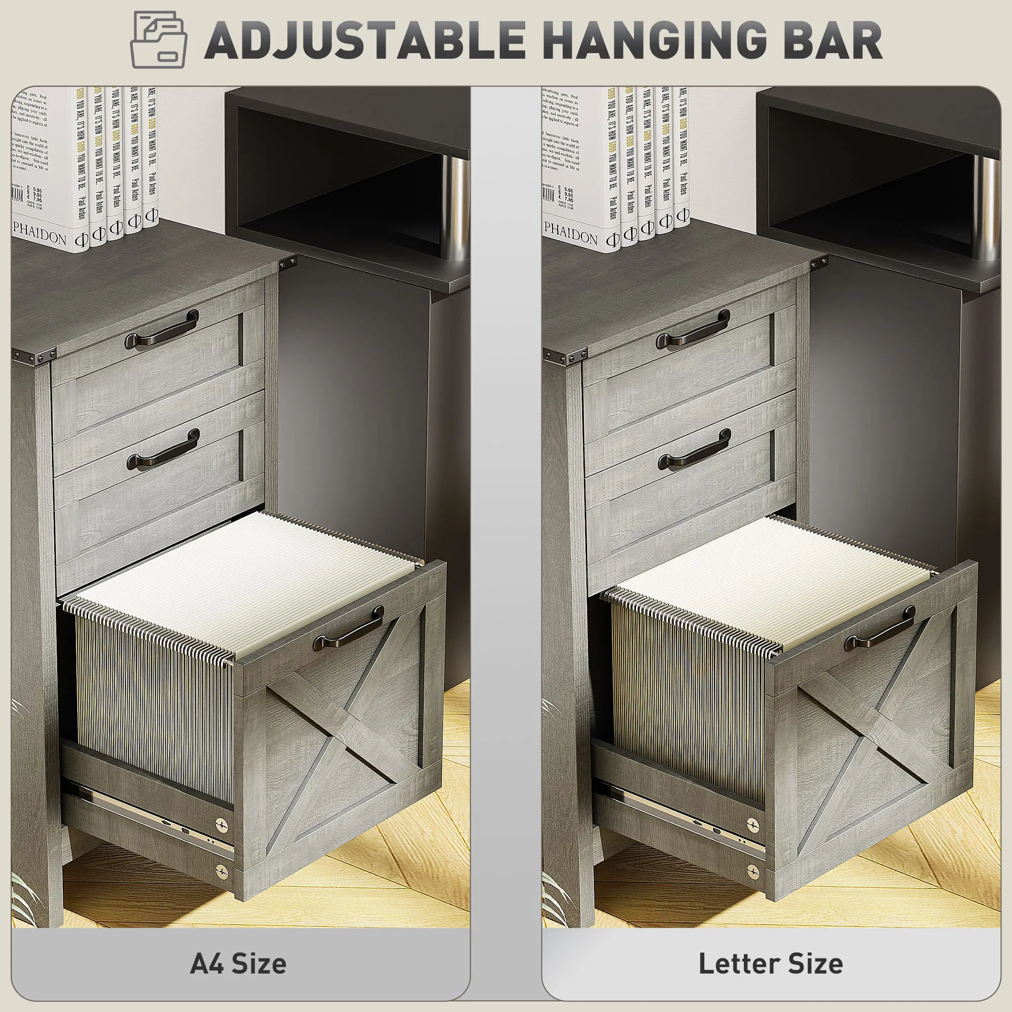 Vertical Filing Cabinet with 3 Drawers, Rustic Farmhouse Office Storage Cabinet for A4, Letter Size, Stone Grey photo 4