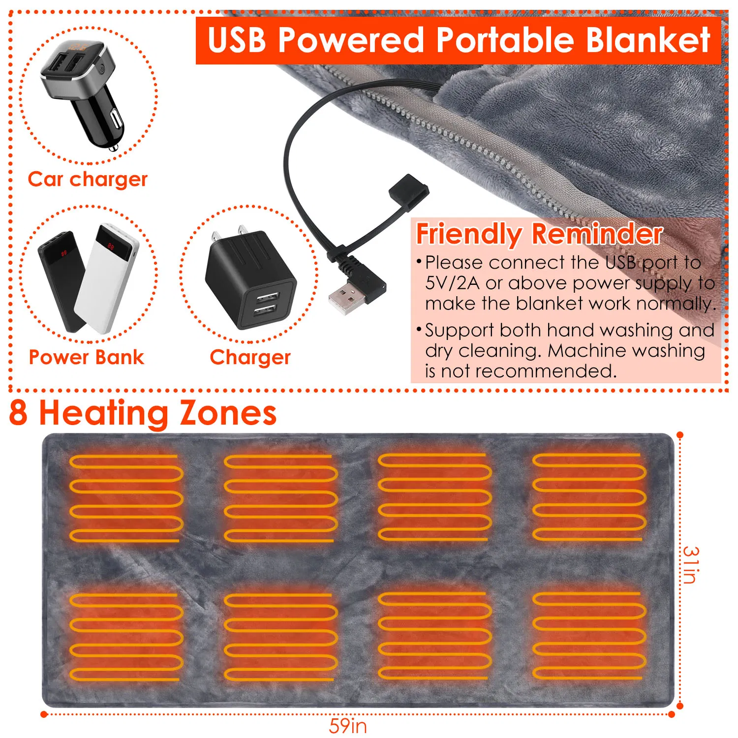 USB Heated Blanket Electric Heated Blanket Heated Poncho Shawl Wrap Throw with Zipper Washable for Home Office 59*31in photo 5