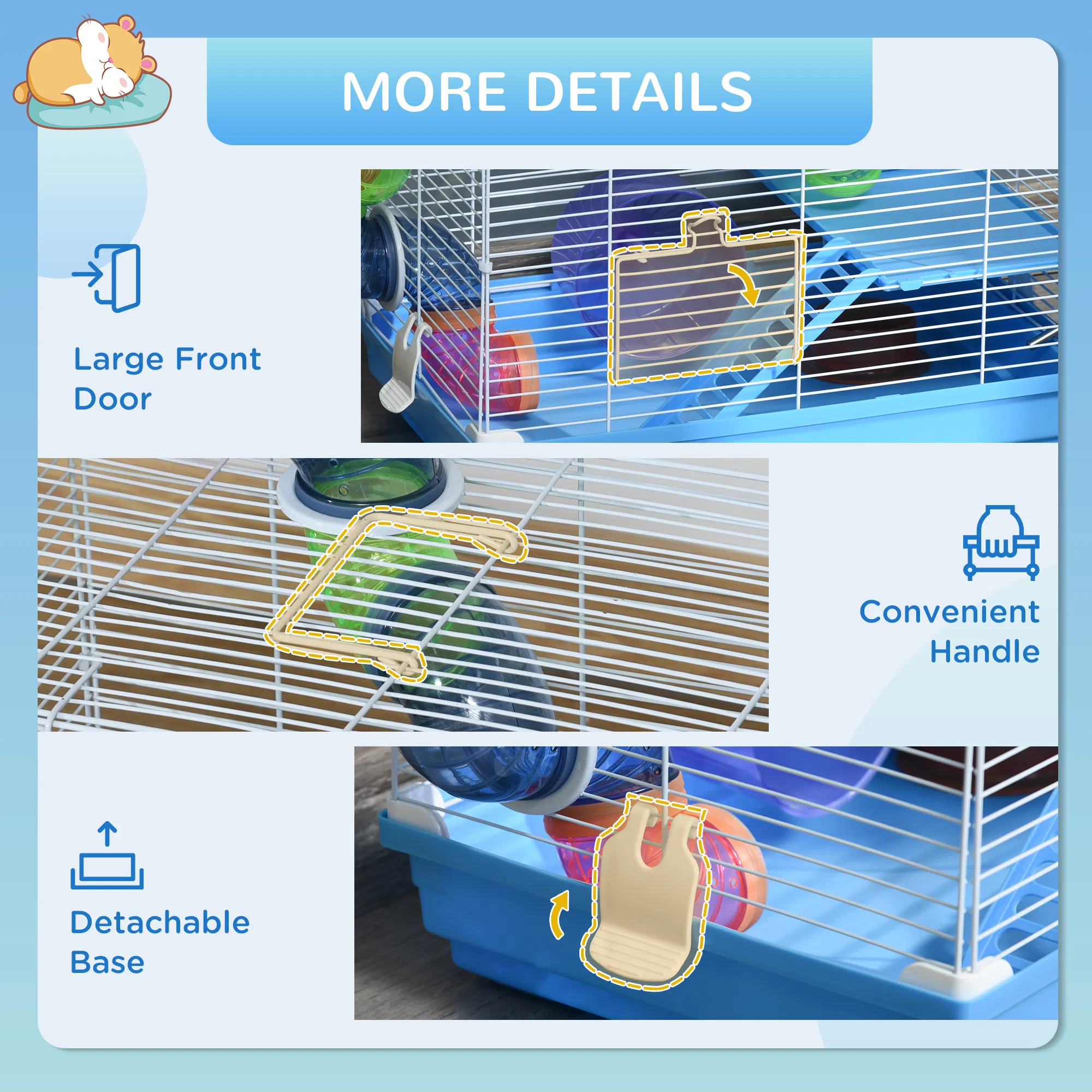 18"L Hamster Cage, Small Animal House, 2-Level Rat Gerbil Haven with Tunnel Tube System, Exercise Wheel, Water Bottle, Food Dish, Ramp, Blue photo 3