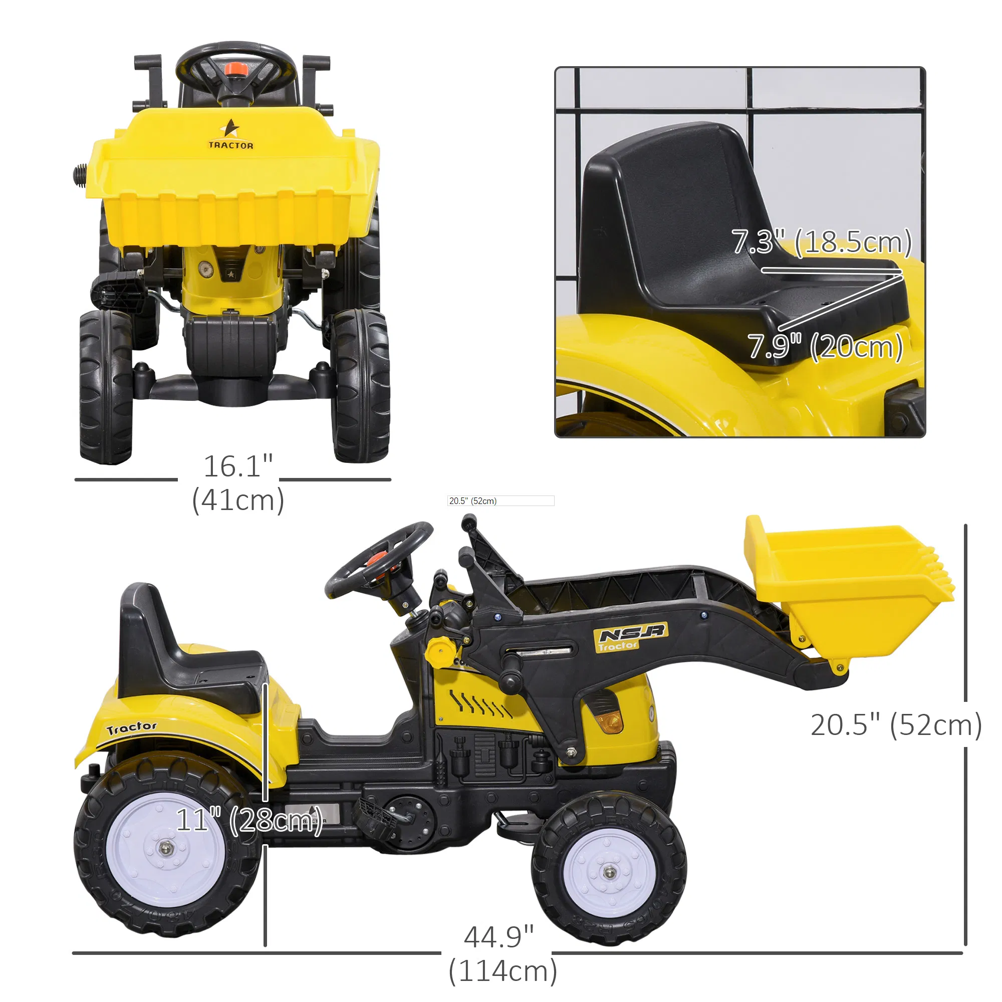 Ride on Tractor for Kids, Pedal Construction Car with Front Loader Digger for 3 Year Old, Yellow photo 2
