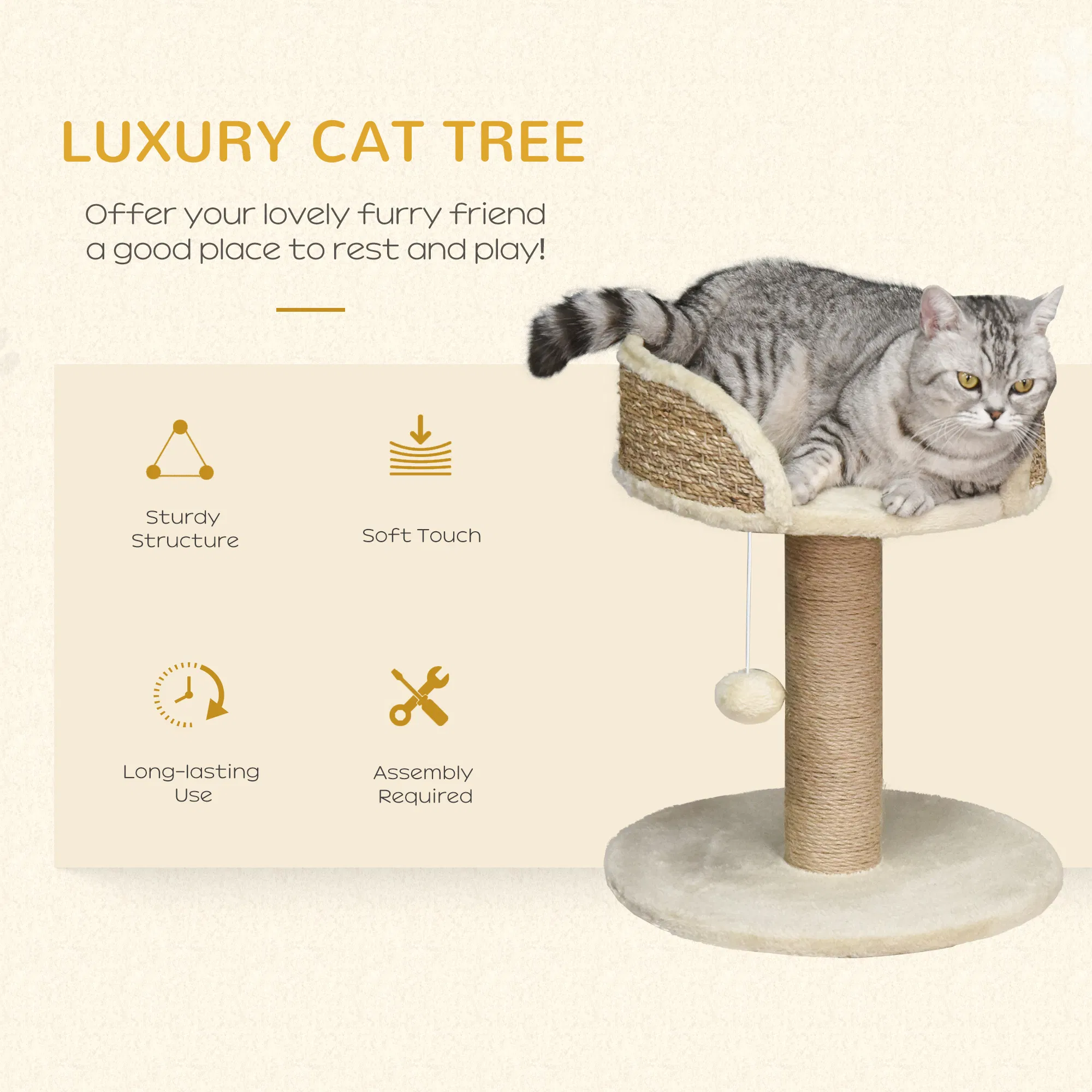 Cat Tree with Scratching Post, Toy Ball, Perch, Small Cat Tower for Indoor Cats - 16" x 16" x 19", Beige photo 6
