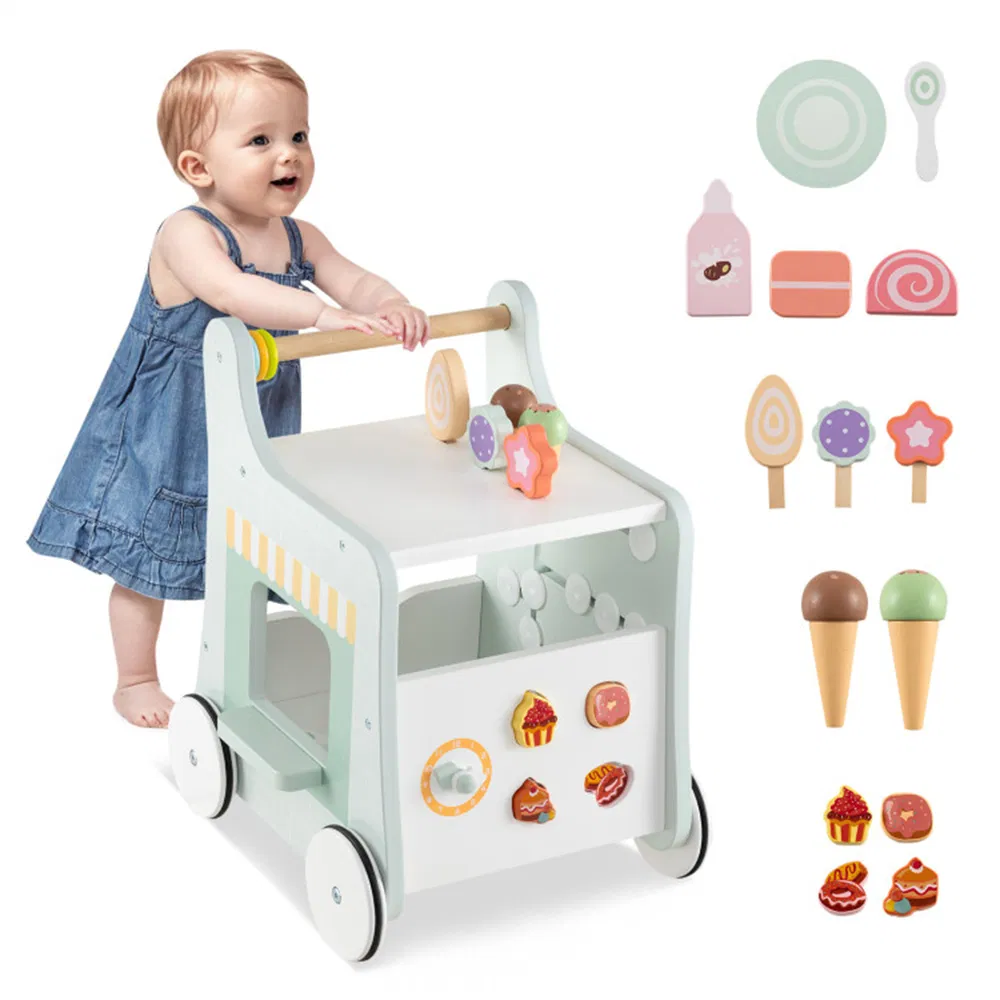 2-in-1 Baby Walker with 8 Fun Activities (Dessert Sorter/Adjustable Clock/Maze) + Side Shop Window (Role Play)-Light Green photo 2