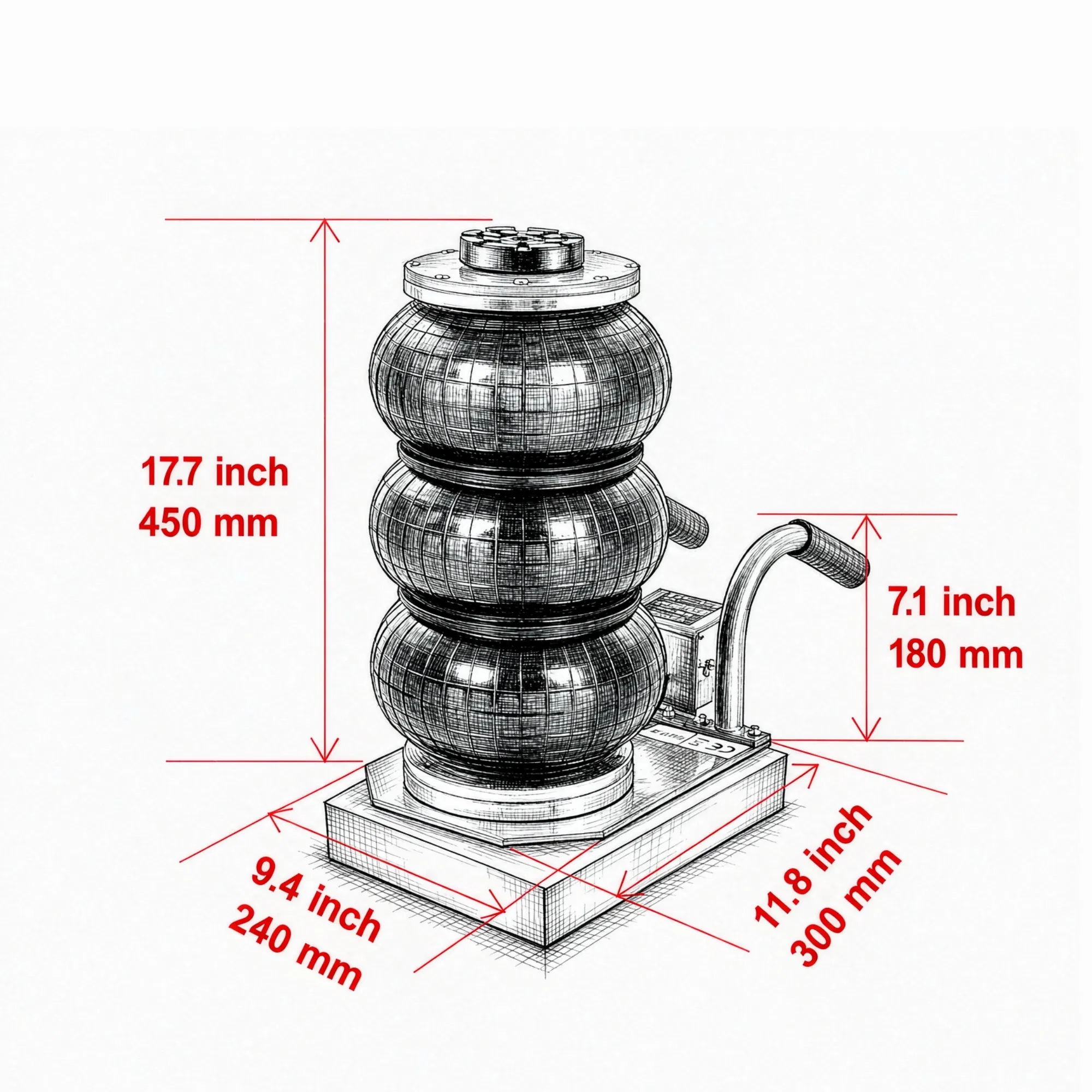 3 Ton/6600 lbs Triple Bag Air Jack with Six Steel Pipes, 17.7" Fast Lifting Pneumatic Jack with Side Handles, 3-5s Lift, Red, for Car & Garage Repair photo 5