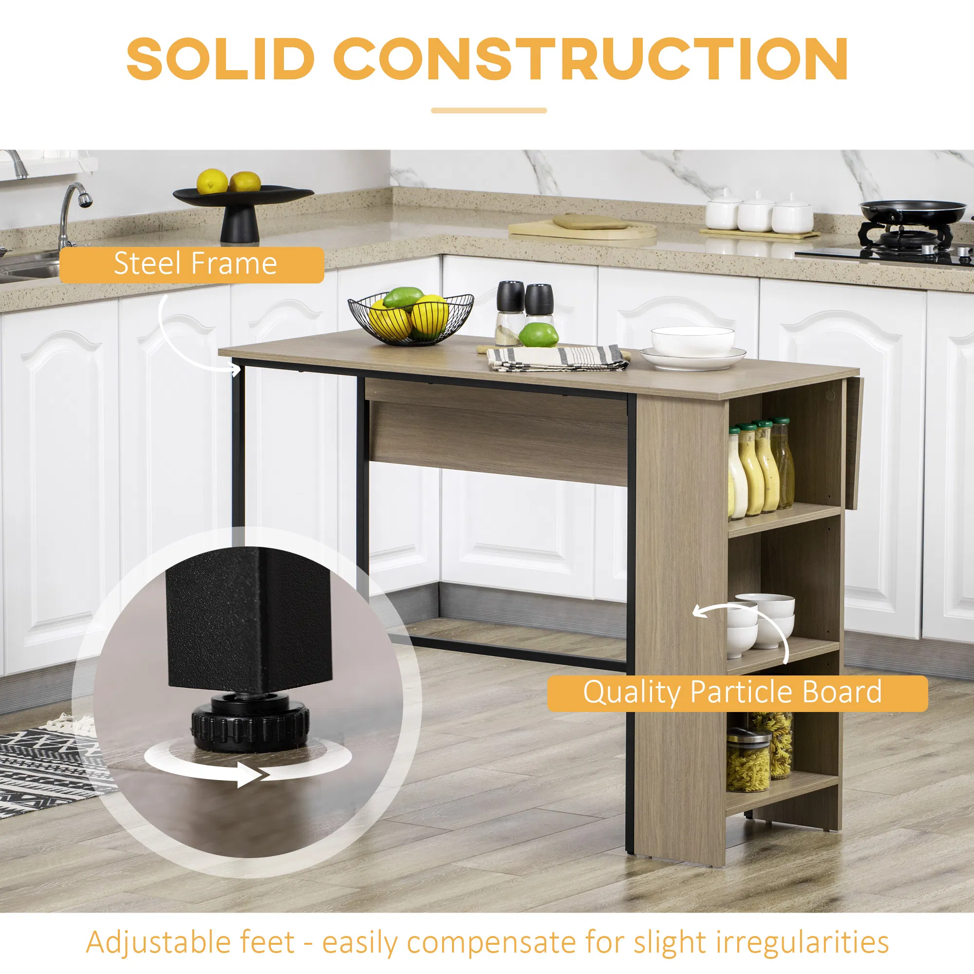 Counter Height Table with Drop Leaf, Extendable Bar Table with Adjustable Storage Shelf, Light Grey photo 6