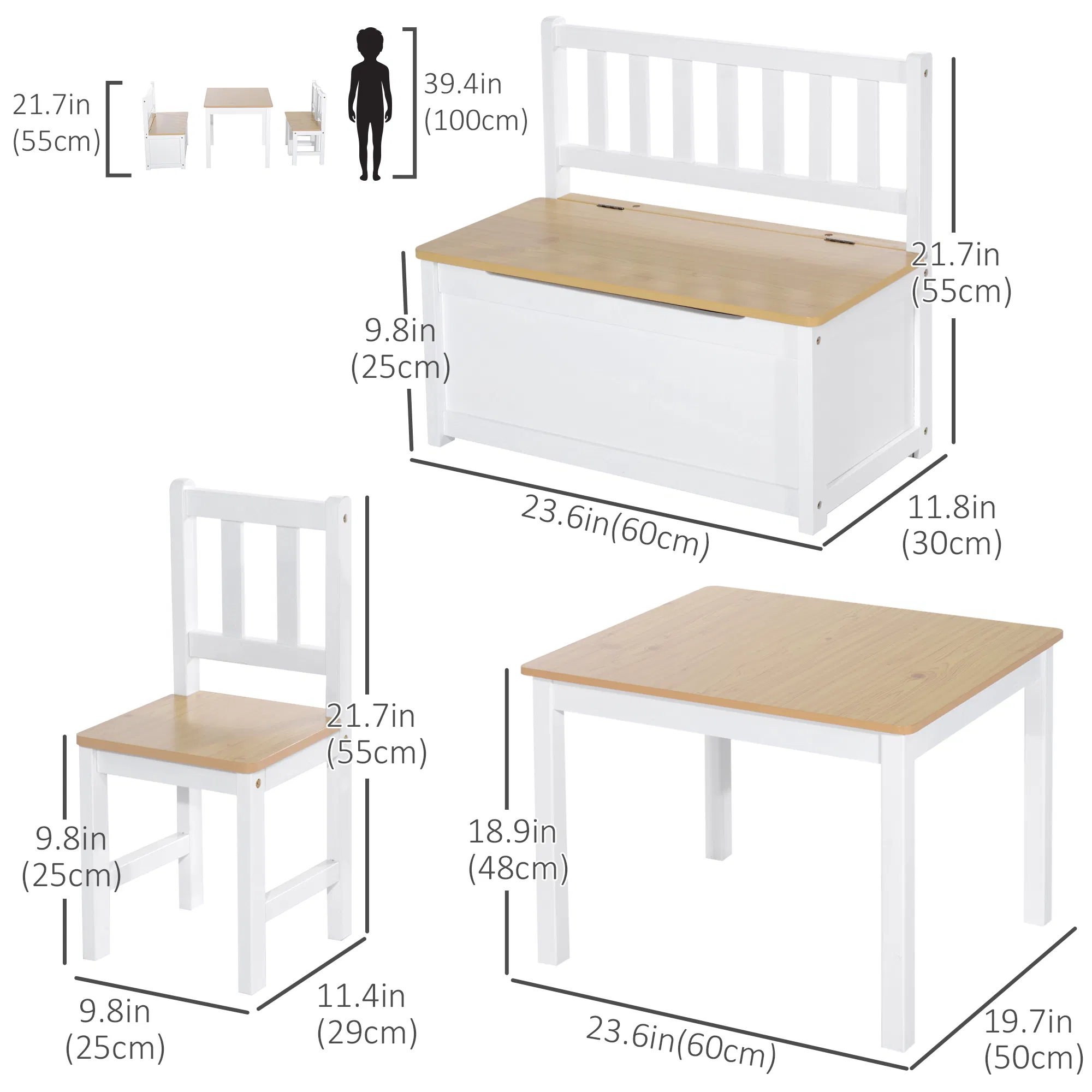 4-Piece Set Kids Wood Table Chair Bench with Storage Function Easy to Clean Gift for Girls Boys Toddlers Age 3 Years up Natural and White photo 6