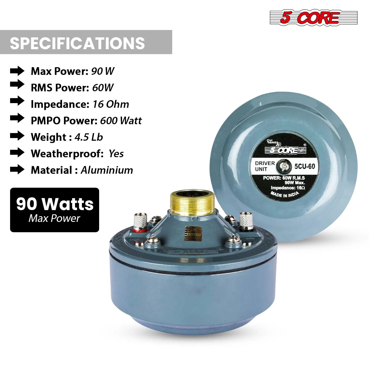 5 Core Compression Driver 2" Horn Tweeter 600W Titanium Diaphragm 16 Ohms 18 TPI All Weather Use photo 7
