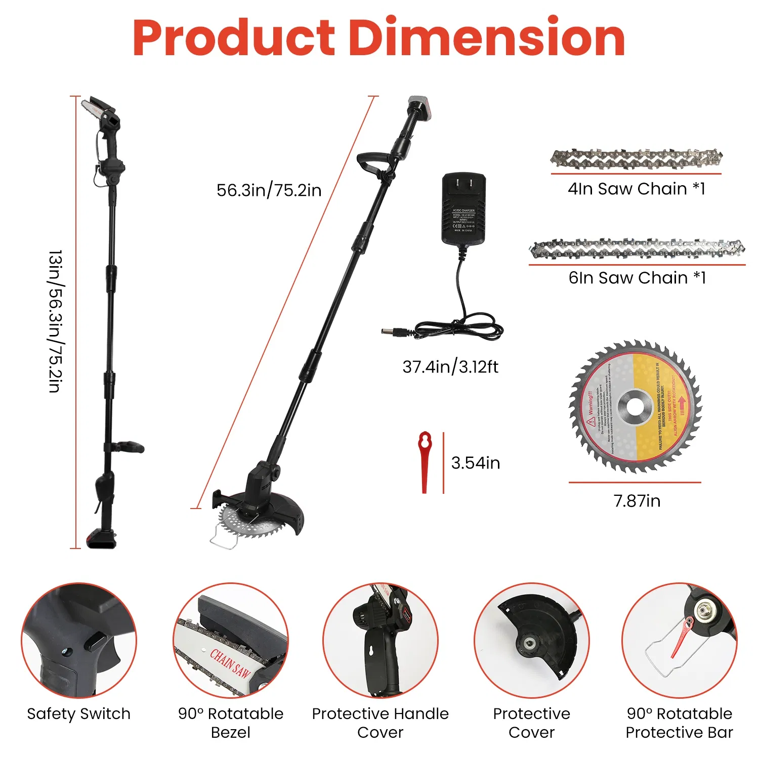 Cordless 3-in-1 Pole Saw/Mini Chainsaw/Grass Trimmer - 21V 1500mAh x2 Batteries, 4/6in Cutting Chain, 13in-75.2in Adjustable Length, Safety Switch + Gloves/Goggle for Yard Maintenance photo 7