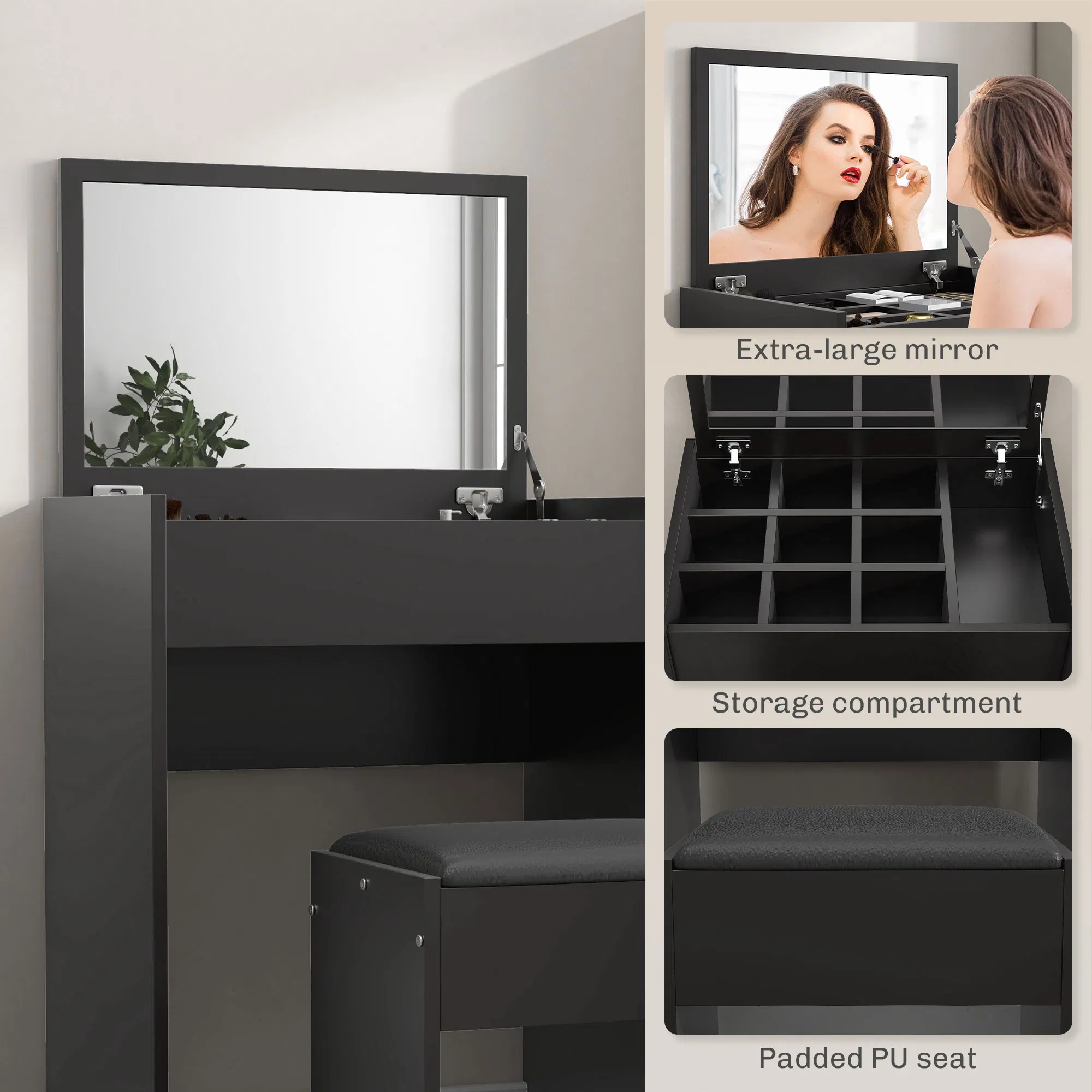 Modern Vanity Set with Makeup Table and Cushioned Stool, Dressing Table with Flip Top and Mirror for Bedroom, Black photo 5