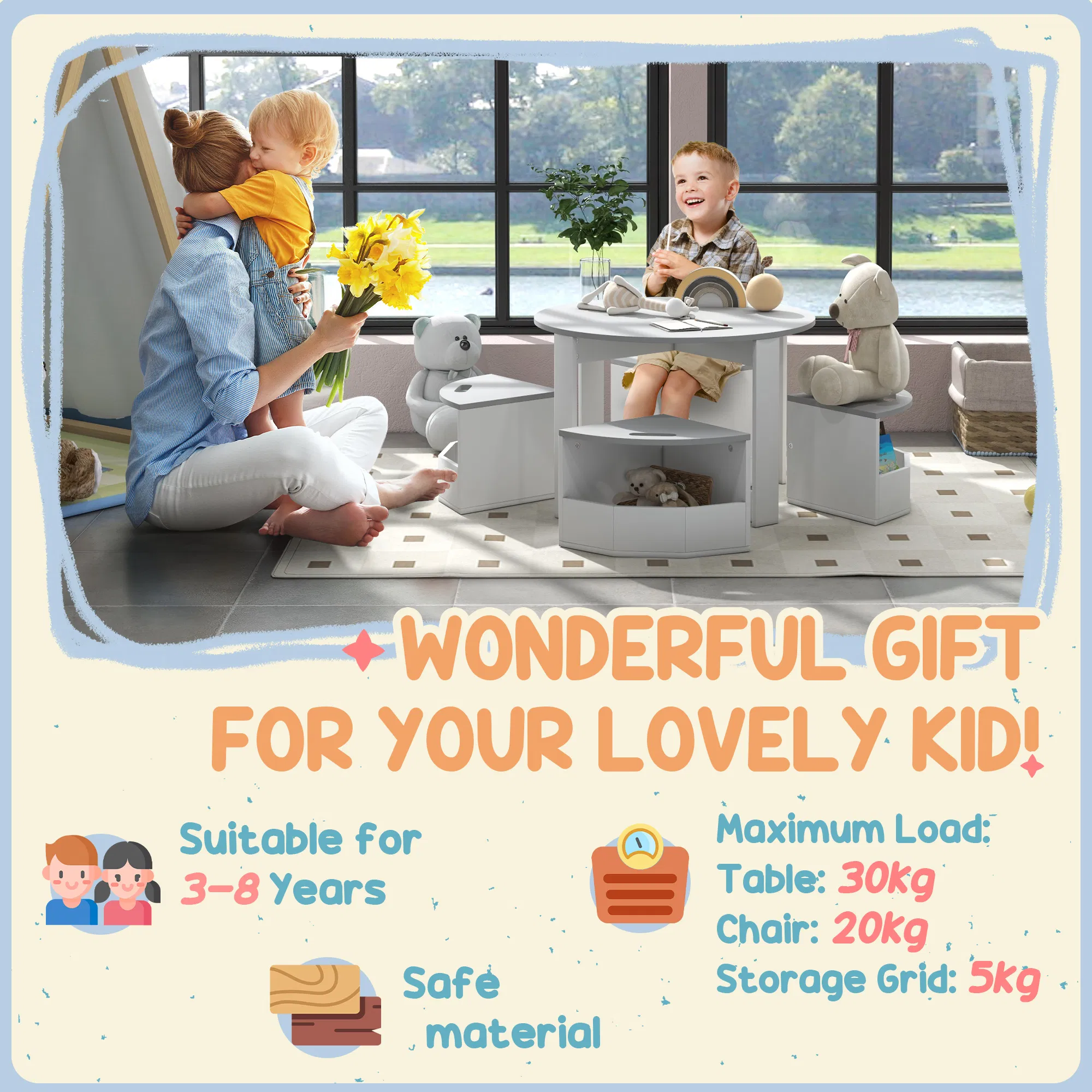 5 Piece Kids Table and Chair Set with Storage for Kids Room, Grey photo 3